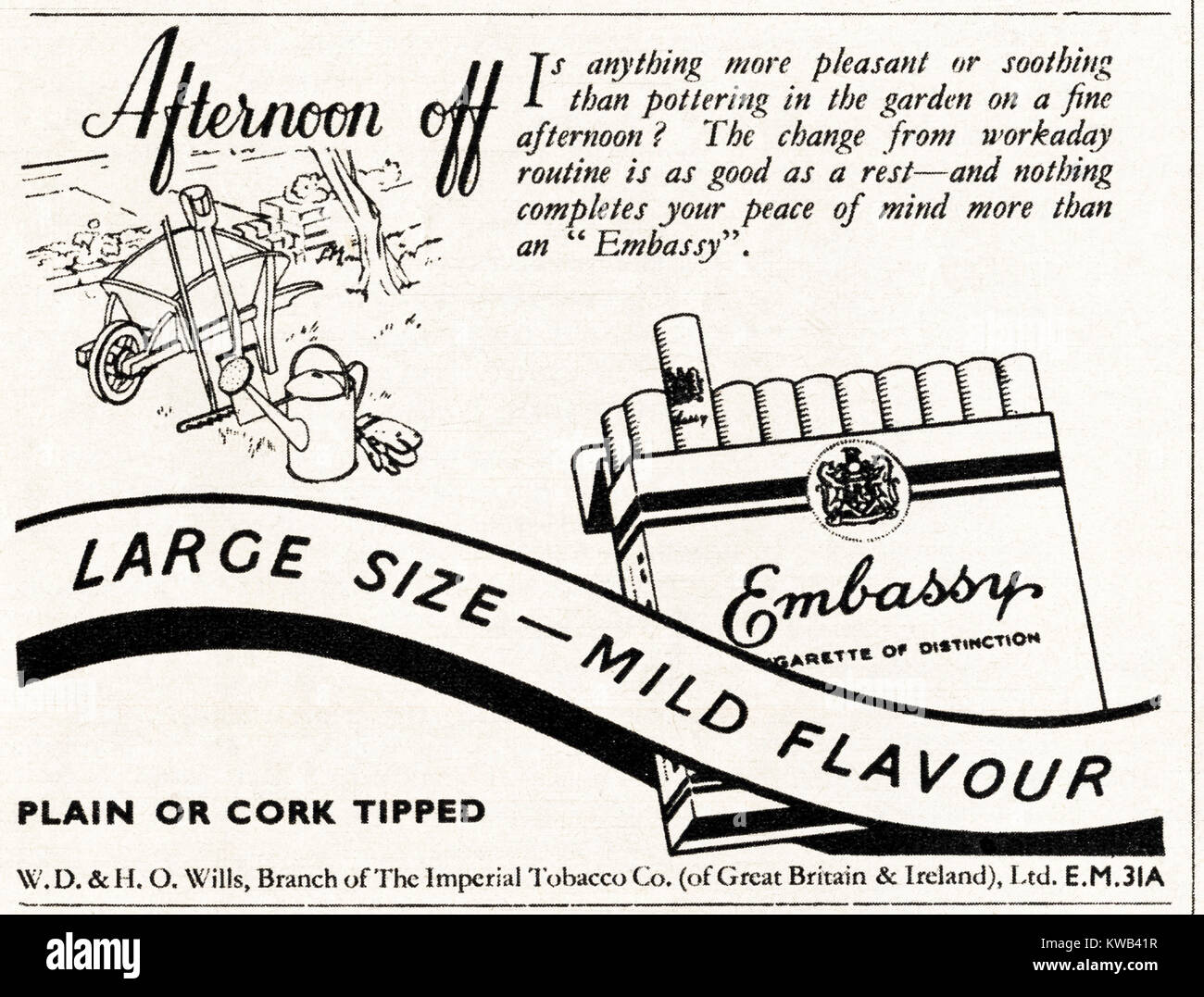 1940s old vintage original advert advertising Embassy cigarettes in magazine circa 1947 when supplies were still restricted under postwar rationing Stock Photo