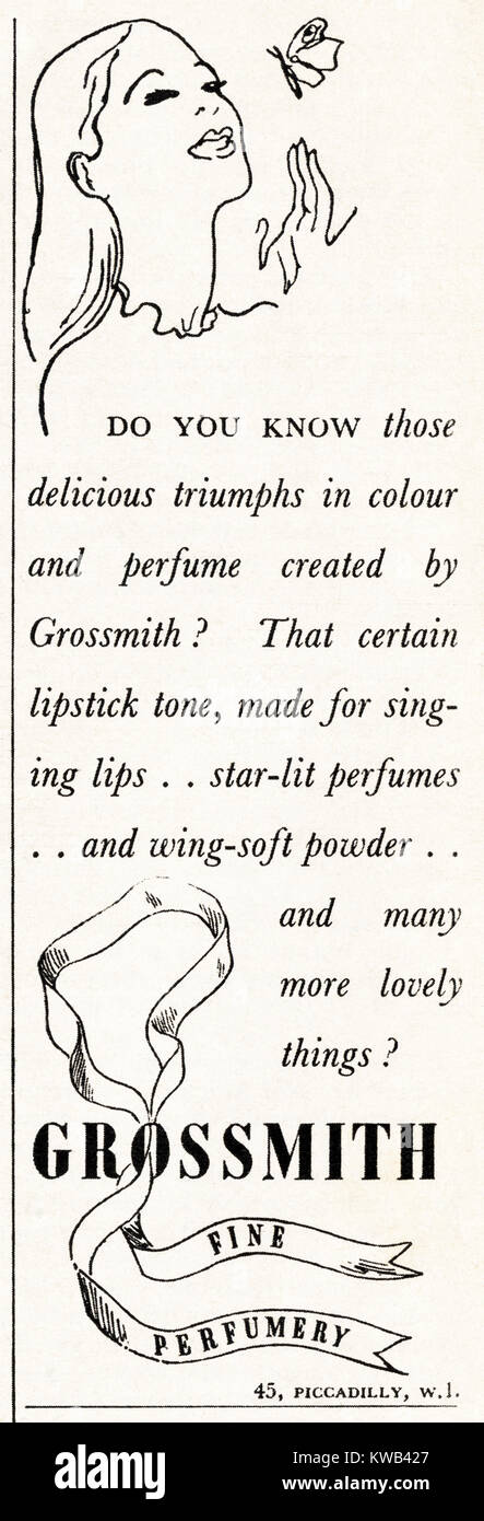 1940s old vintage original advert advertising Grossmith perfumes in magazine circa 1947 when supplies were still restricted under postwar rationing Stock Photo