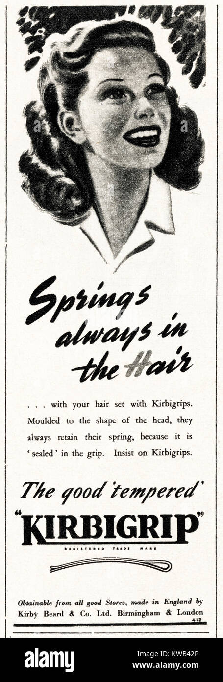 1940s old vintage original advert advertising Kirbigrip hair grips in magazine circa 1947 when supplies were still restricted under postwar rationing Stock Photo