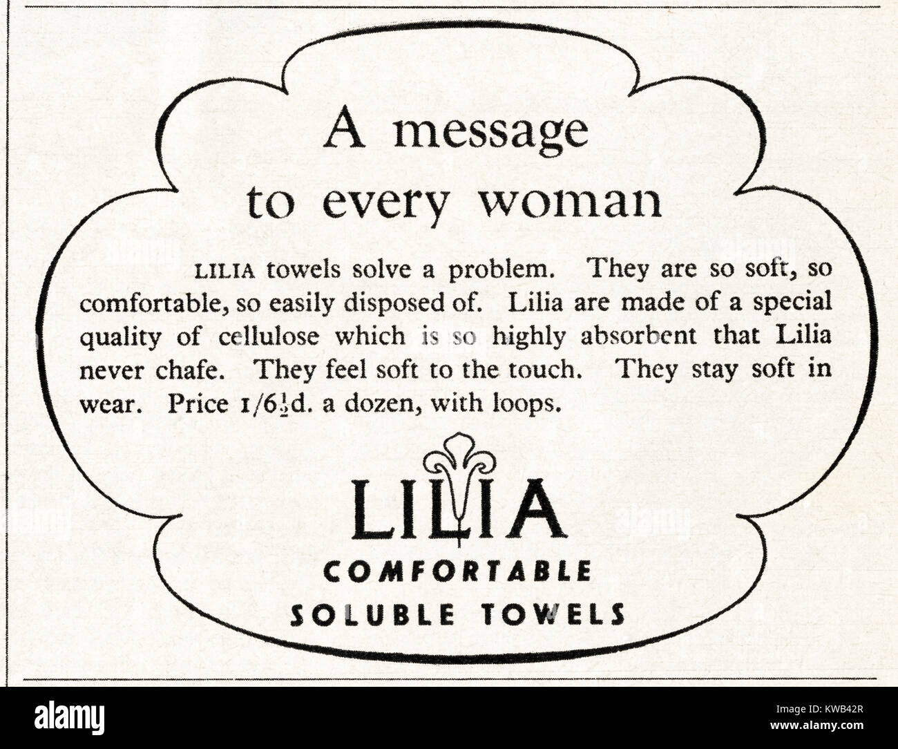1940s old vintage original advert advertising Lilia sanitary towels in