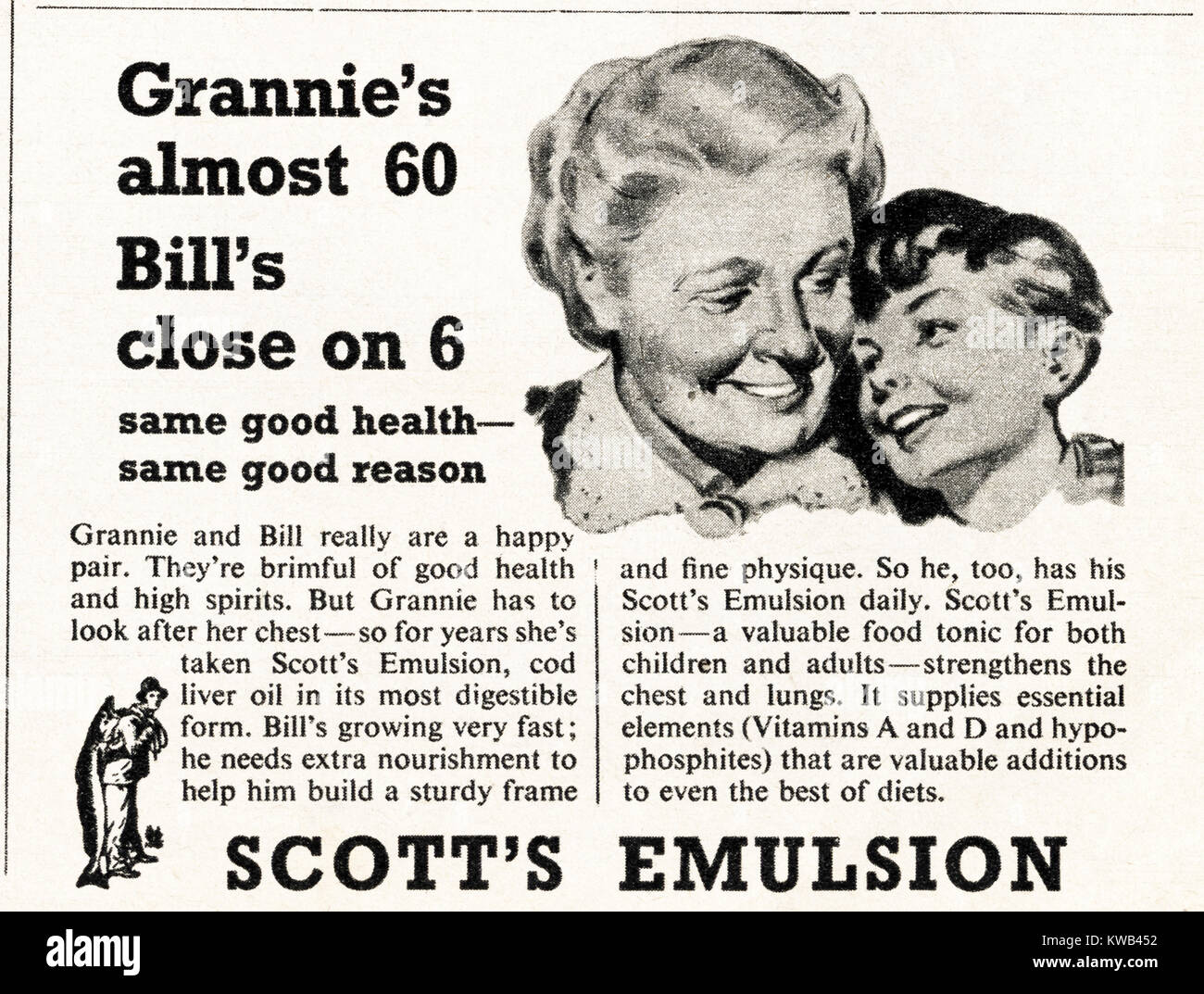1940s old vintage original advert advertising Scott's Emulsion cod liver oil in magazine circa 1947 when supplies were still restricted under postwar rationing Stock Photo