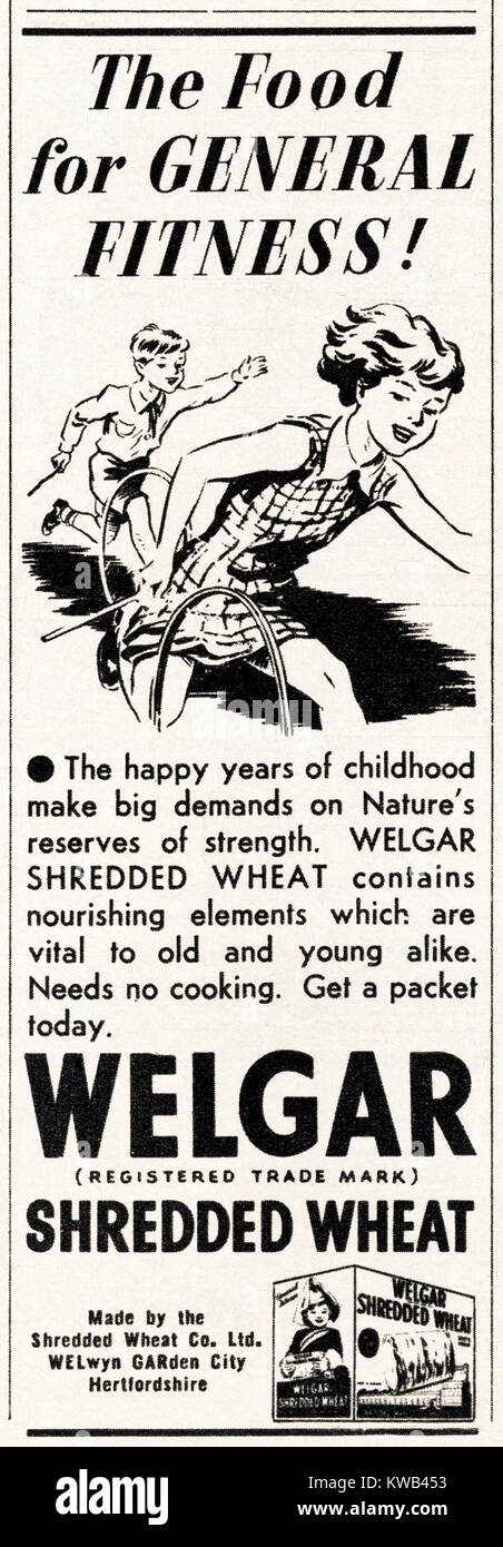 1940s old vintage original advert advertising Shredded Wheat by Welgar in magazine circa 1947 when supplies were still restricted under postwar rationing Stock Photo