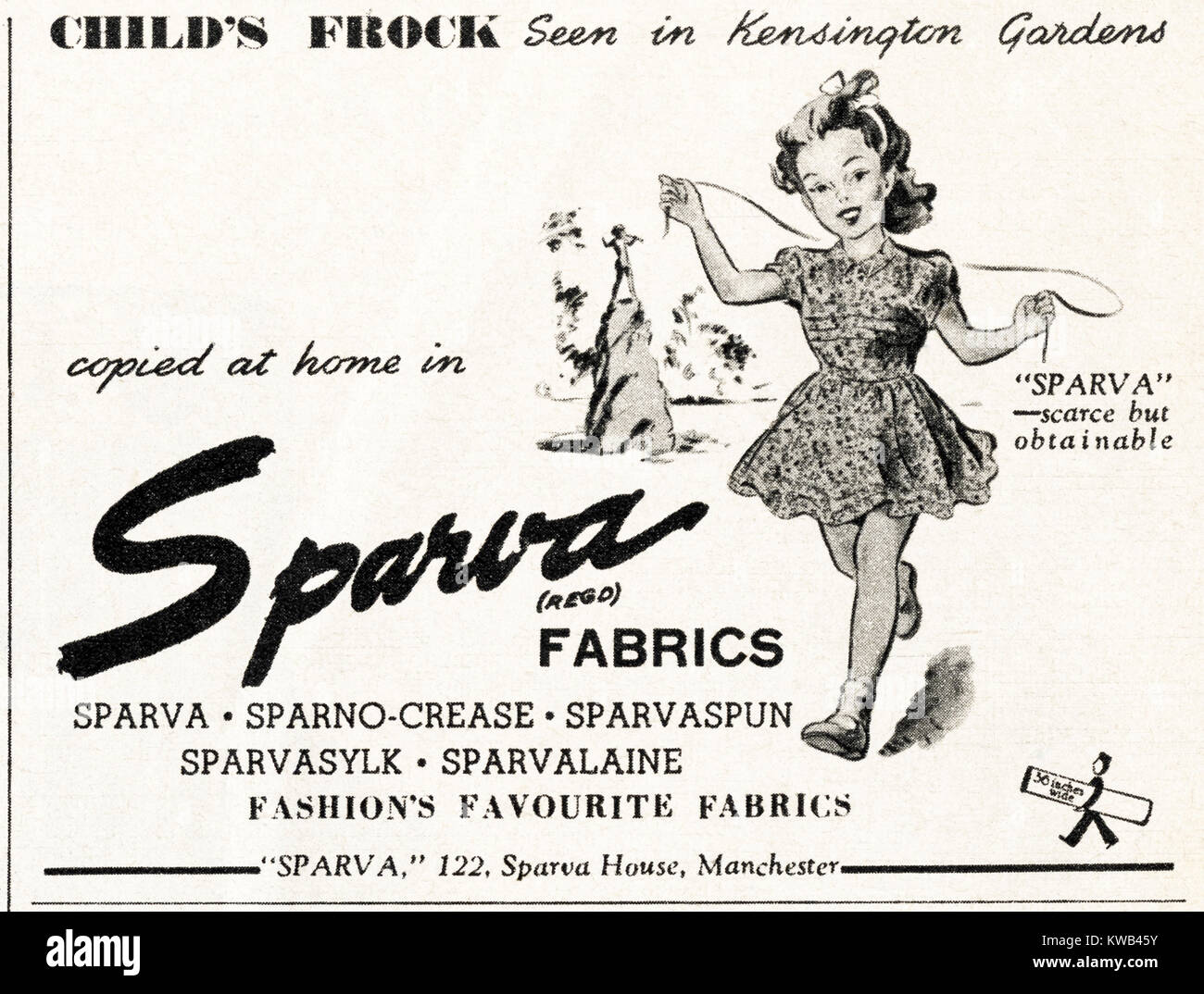 1940s old vintage original advert advertising Sparva Fabrics for childrens clothes in magazine circa 1947 when supplies were still restricted under postwar rationing Stock Photo