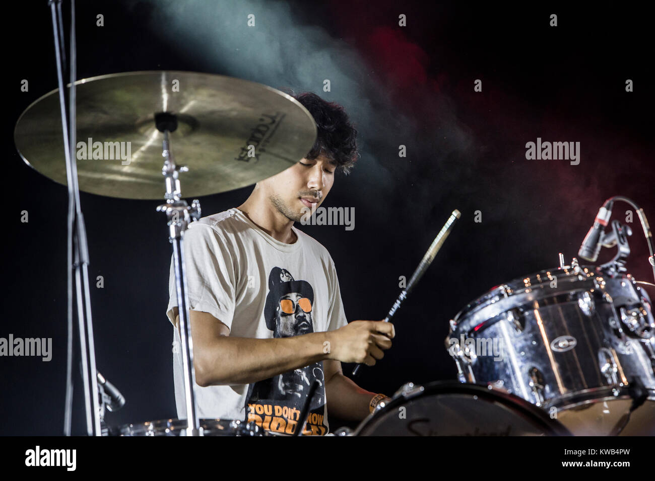 The American indie rock band Deerhunter performs a live concert at the Arena Stage at Roskilde Festival 2014. Here drummer and musician Moses Archuleta is pictured live on stage. Denmark 06.07.2014. Stock Photo