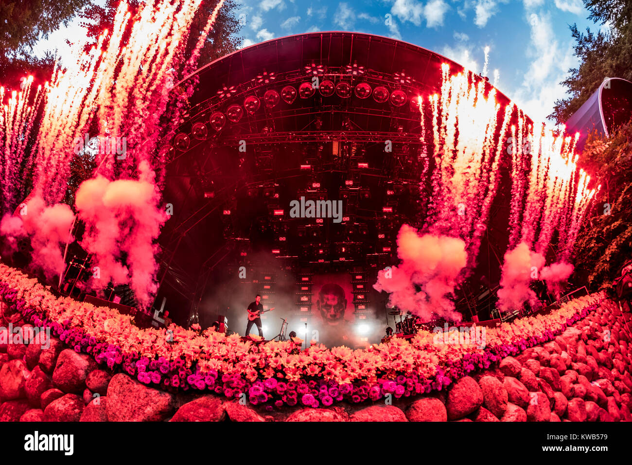 Denmark, Skanderborg - August 9, 2017. An amazing fireworks display on stage as part of the live concert with the Danish rapper L.O.C. during the Danish music festival SmukFest 2017. Stock Photo