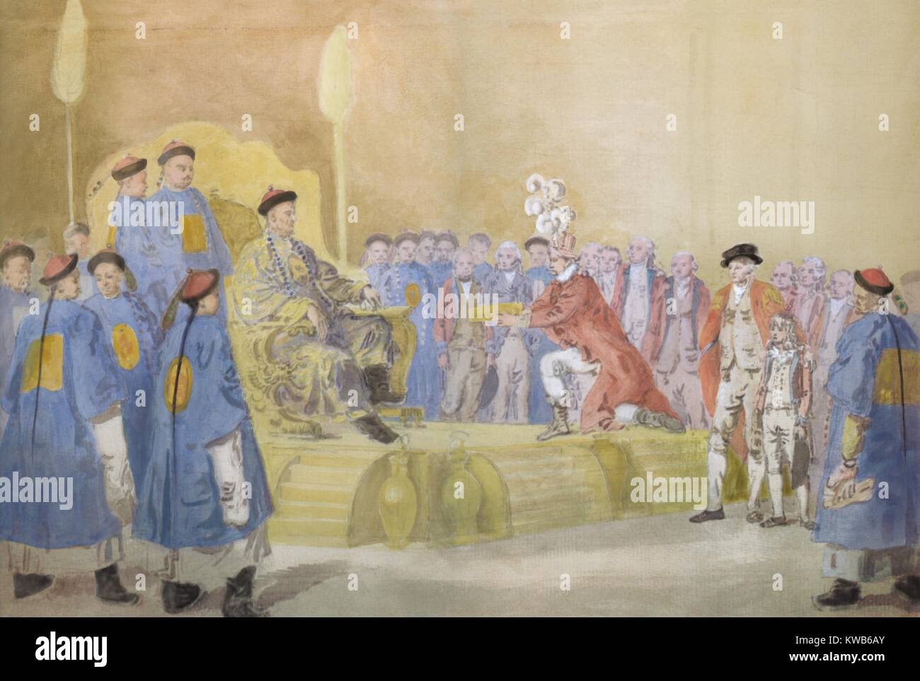 British Ambassador George MacCartney kneeling before the Qianlong Emperor of China, Sept 14, 1793. Standing behind the Emperor is Viceroy Liang Kentang and the future Jiaqing Emperor. To MacCartney's left are George Staunton and his Chinese speaking son, (BSIC 2016 9 1) Stock Photo