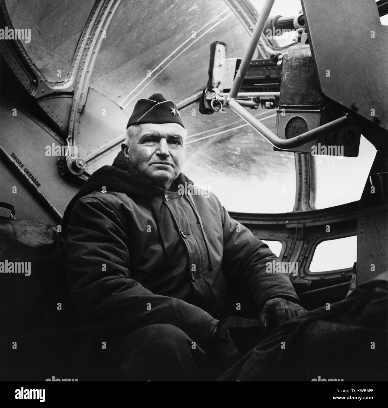 Maj. Gen. Simon Bolivar Buckner in a cockpit of an airplane, ca. 1942-45. He was the highest ranking U.S. officer killed in action in World War 2, during the Battle of Okinawa. (BSLOC 2014 8 138) Stock Photo