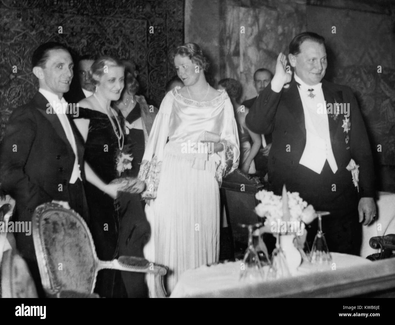 Joseph and Magda Goebbels with Emmy and Hermann Goering at the Press Ball. As wives of the second and third most important German Nazis', they often appeared at official functions. Berlin, Germany, 1939. (BSLOC_2014_8_175) Stock Photo
