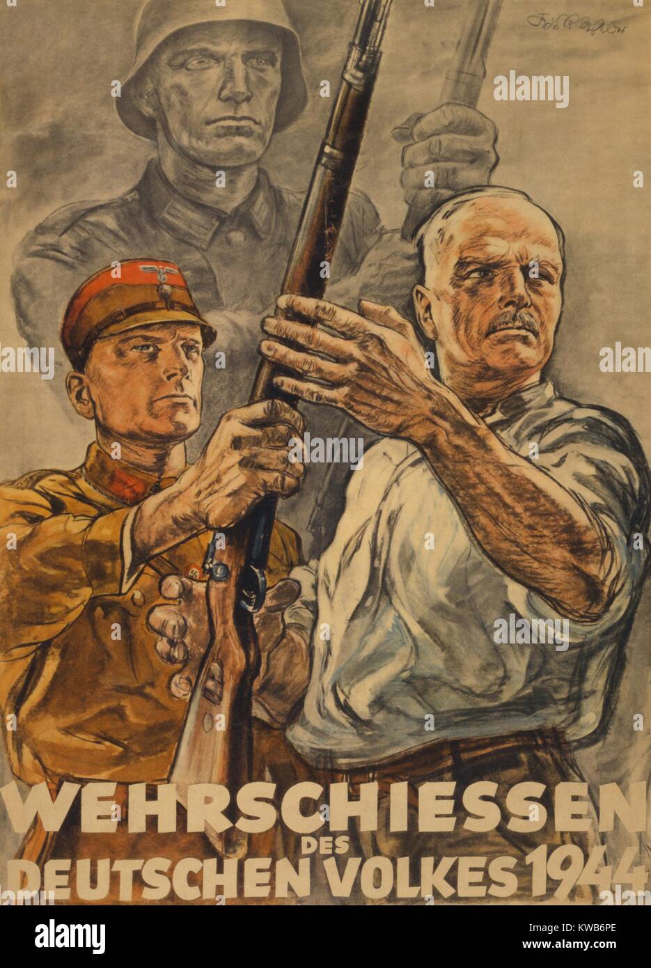 'Defense Shooting for the German People.' World War 2 poster for a civilian defense shooting contest. It depicts a soldier handing a middle-aged civilian a rifle. The poster appeals to German nationalism without mention of Nazi party or display of Swastika. 1944. (BSLOC 2014 8 223) Stock Photo