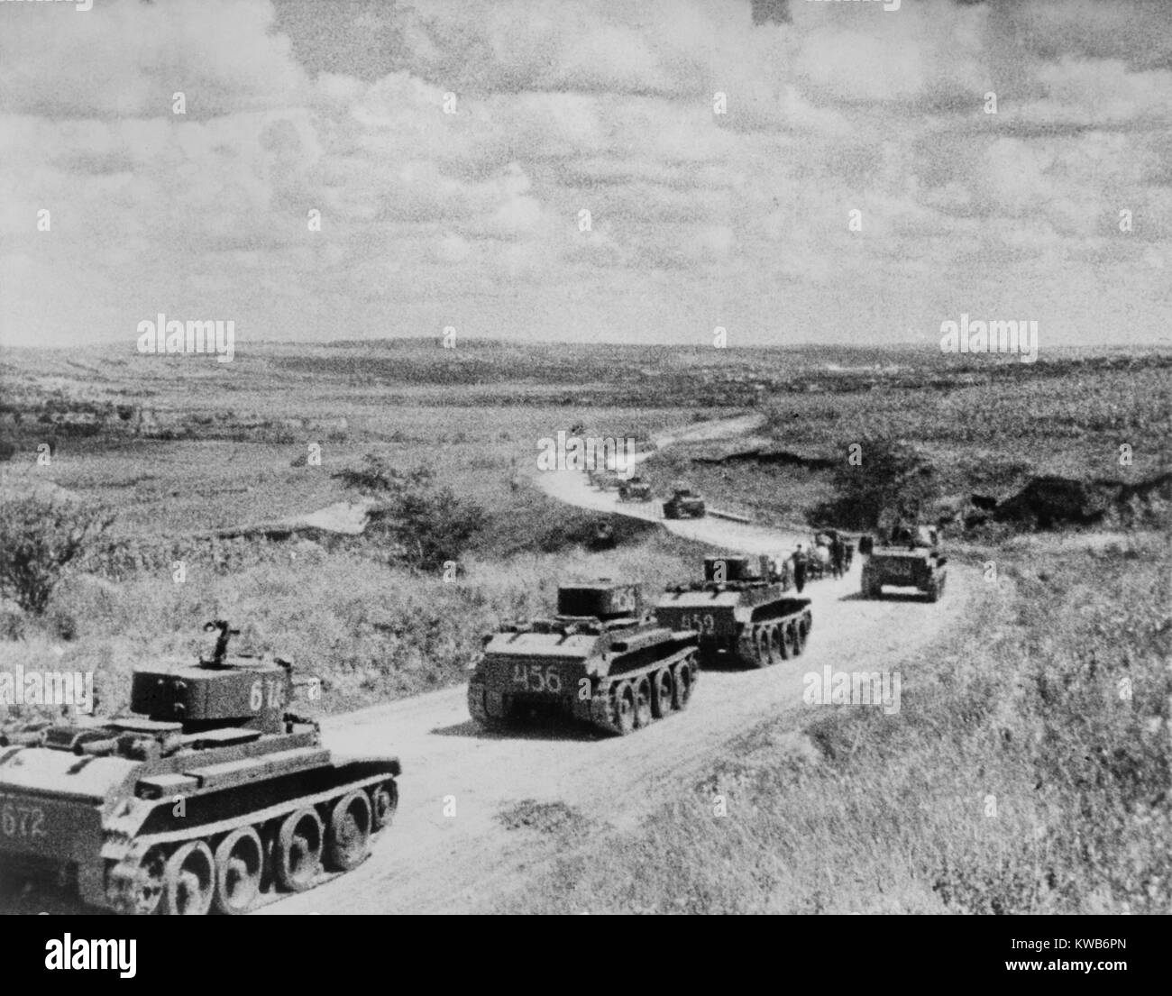 Convoy of Soviet (Russian) tanks in Romania during the annexation of Bessarabia, Romania, in 1940. Bessarabia, was one of several Eastern European regions occupied by USSR according to the terms of the Nazi–Soviet Non-Aggression Pact of 1939. World War 2. (BSLOC 2014 8 23) Stock Photo