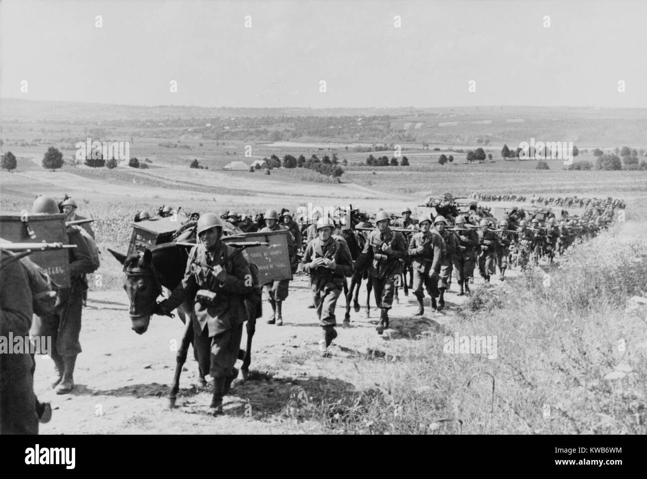 Italian expeditionary troops and artillery march to the Eastern front during World War 2. July 1941. Allied with Nazi Germany, Italian troops performed poorly in their advance on the South Front of Operation Barbarossa. In the Soviet Union (Russia), during World War 2. (BSLOC 2014 8 6) Stock Photo
