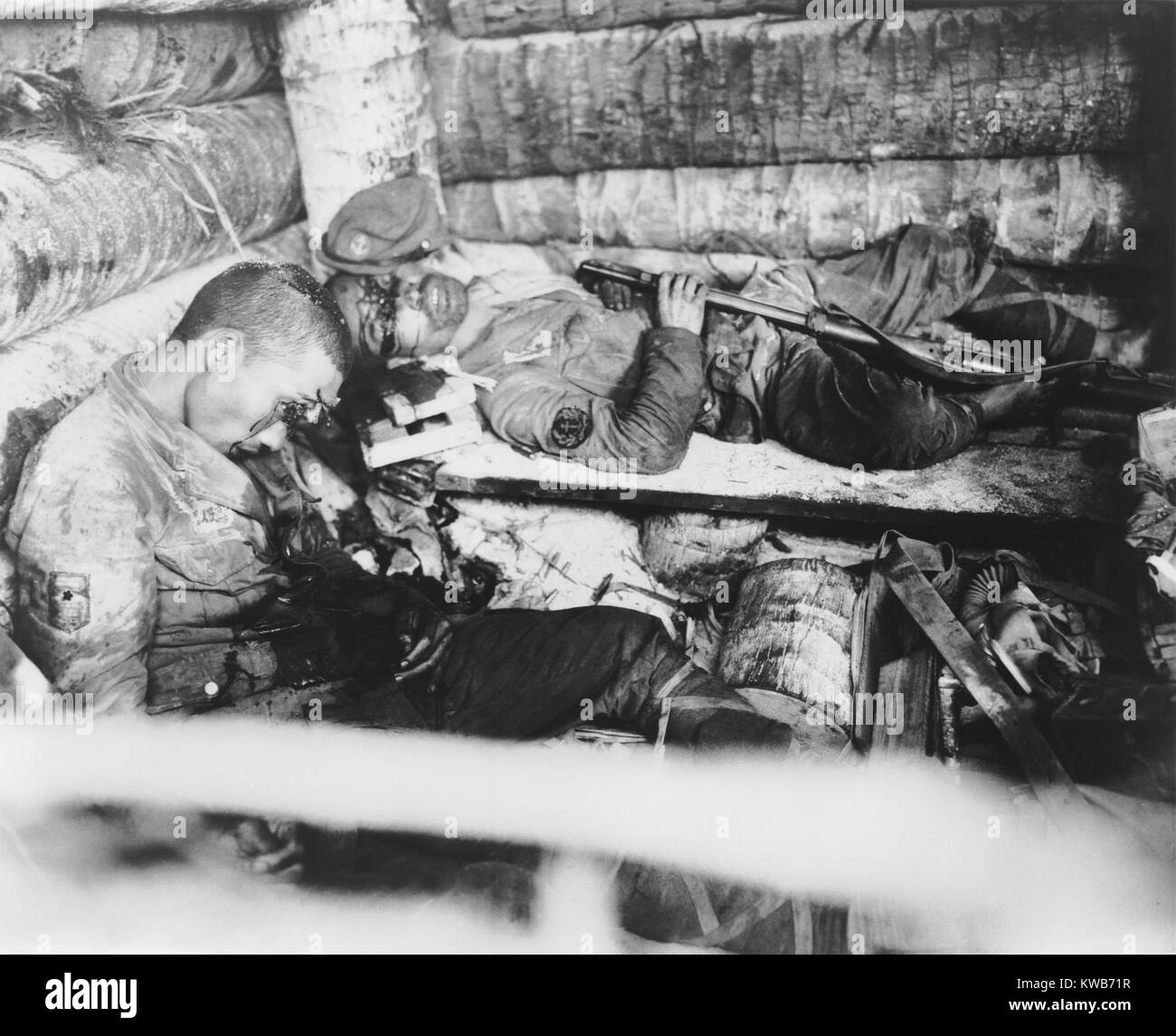 Two Japanese Imperial Marines who shot themselves rather than surrender to U.S. Marines. Nov. 20-23, 1943, Tarawa, Gilbert Islands. World War 2. (BSLOC 2014 10 102) Stock Photo