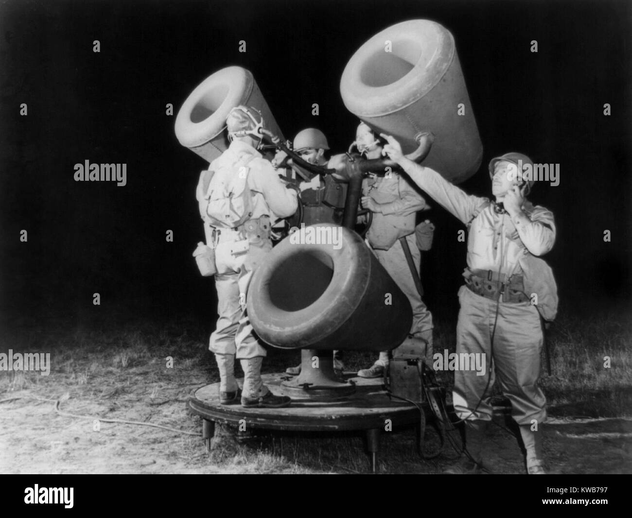 Allied anti-aircraft listening device which amplified the sound of distant airplane engines. World War 2. Ca. 1941-1945. (BSLOC 2014 10 167) Stock Photo