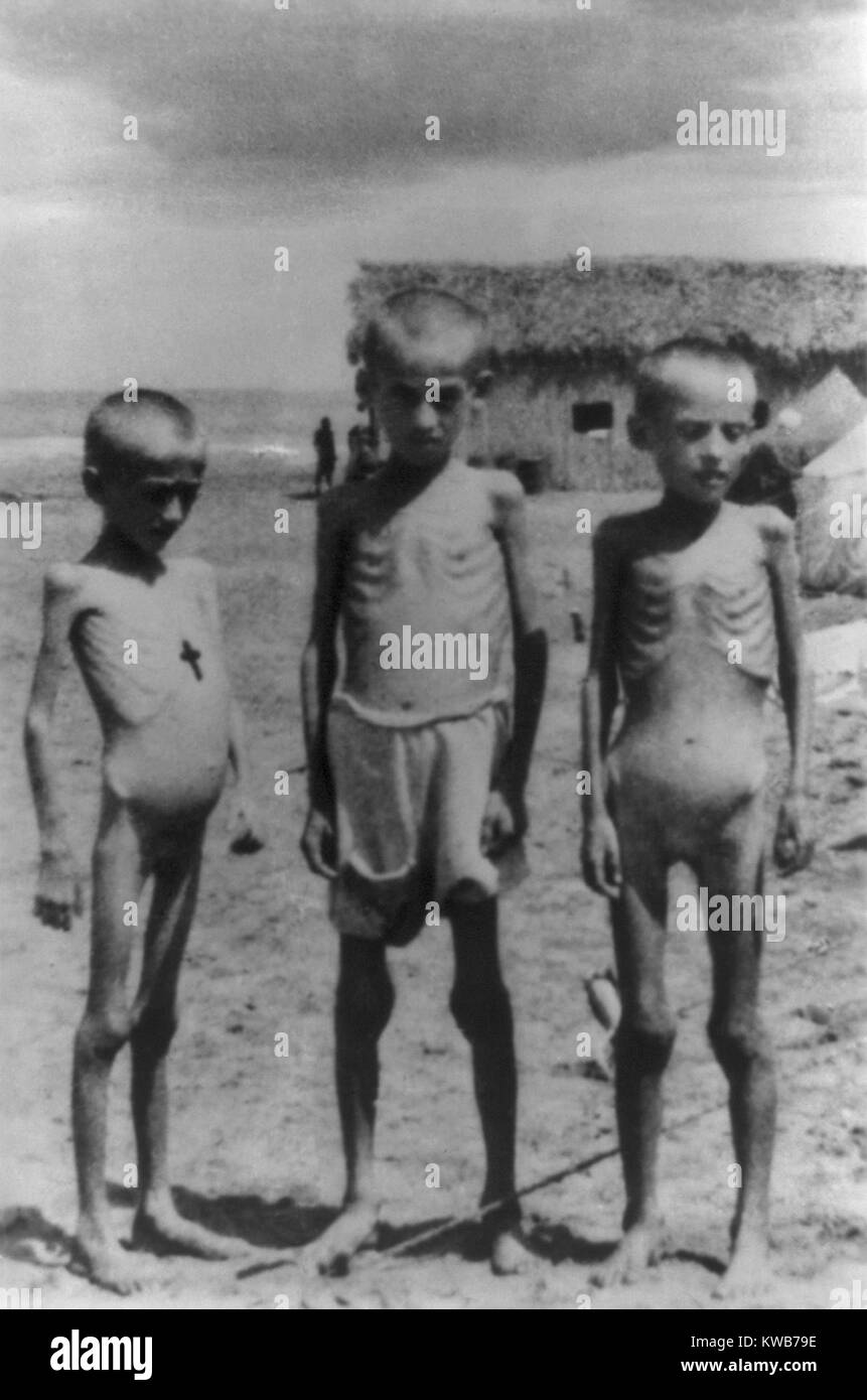 Three emaciated Polish refugee children who have escaped to Iran during World War 2. Ca. 1940-44. (BSLOC 2014 10 169) Stock Photo