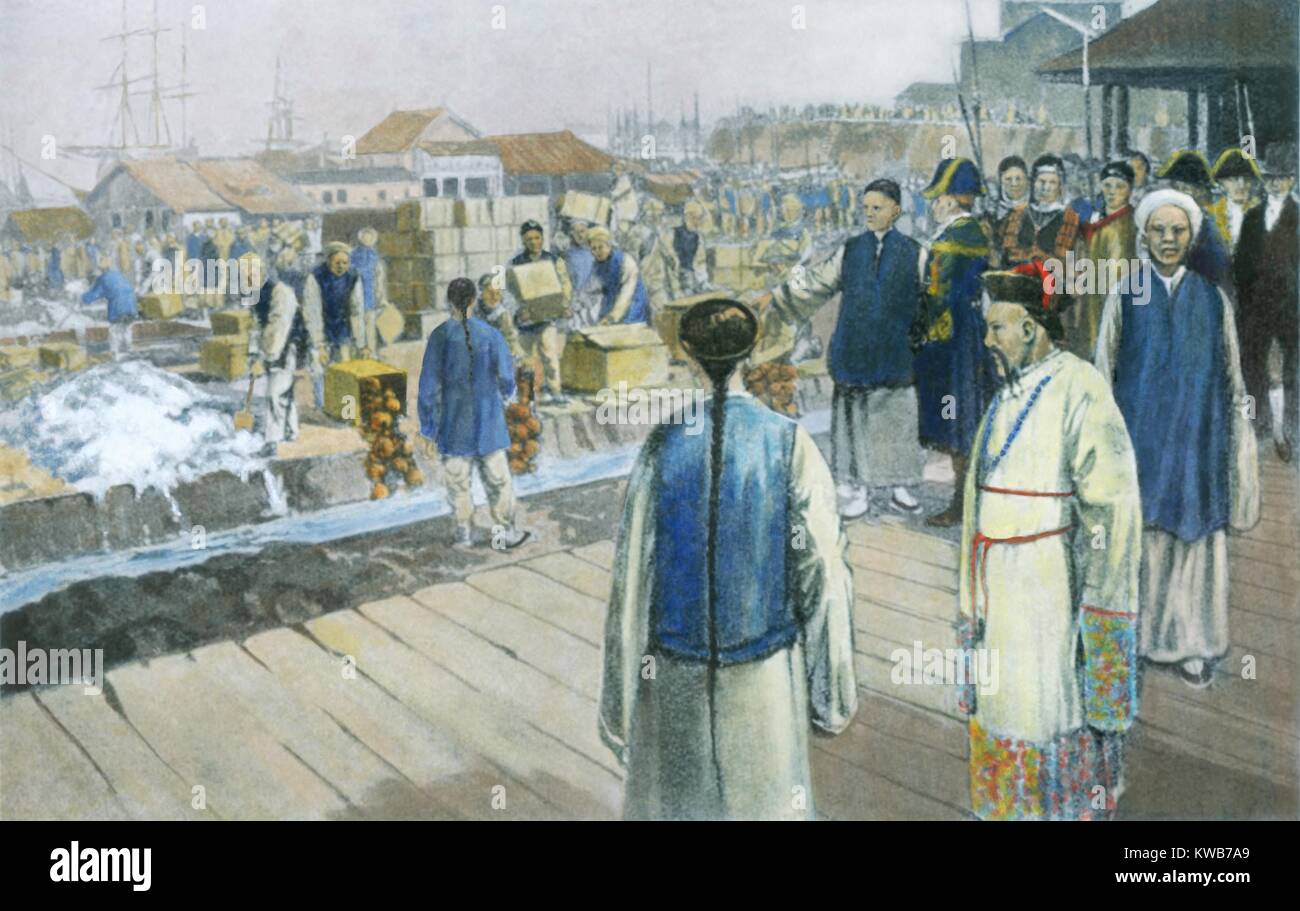Commissioner Lin Zexu oversees the destruction of contraband opium seized from British traders. In June 1839, Chinese workers mixed the opium with lime and salt before it washed out to sea near Humen Town. Subsequently, Britain initiated the First Opium W (BSIC 2016 9 2). 7 Continents History/Everett Collection Stock Photo