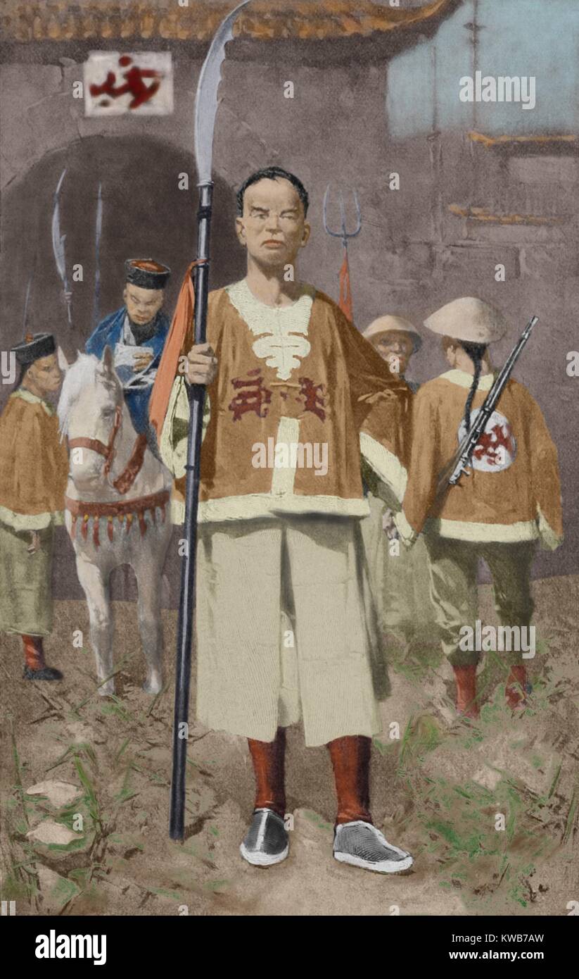 Chinese ‘Boxer’ soldiers with a Mandarin leader, c. 1899-1900. They were members of the secret society, ‘Ih-hwo-Ch’uan’, (I Ho Chuan) which translated to ‘Fists of Righteous Harmony’ or ‘Volunteer United Trained Bands’ or ‘Militia United in Righteousness’ (BSIC 2016 9 6). 7 Continents History/Everett Collection Stock Photo