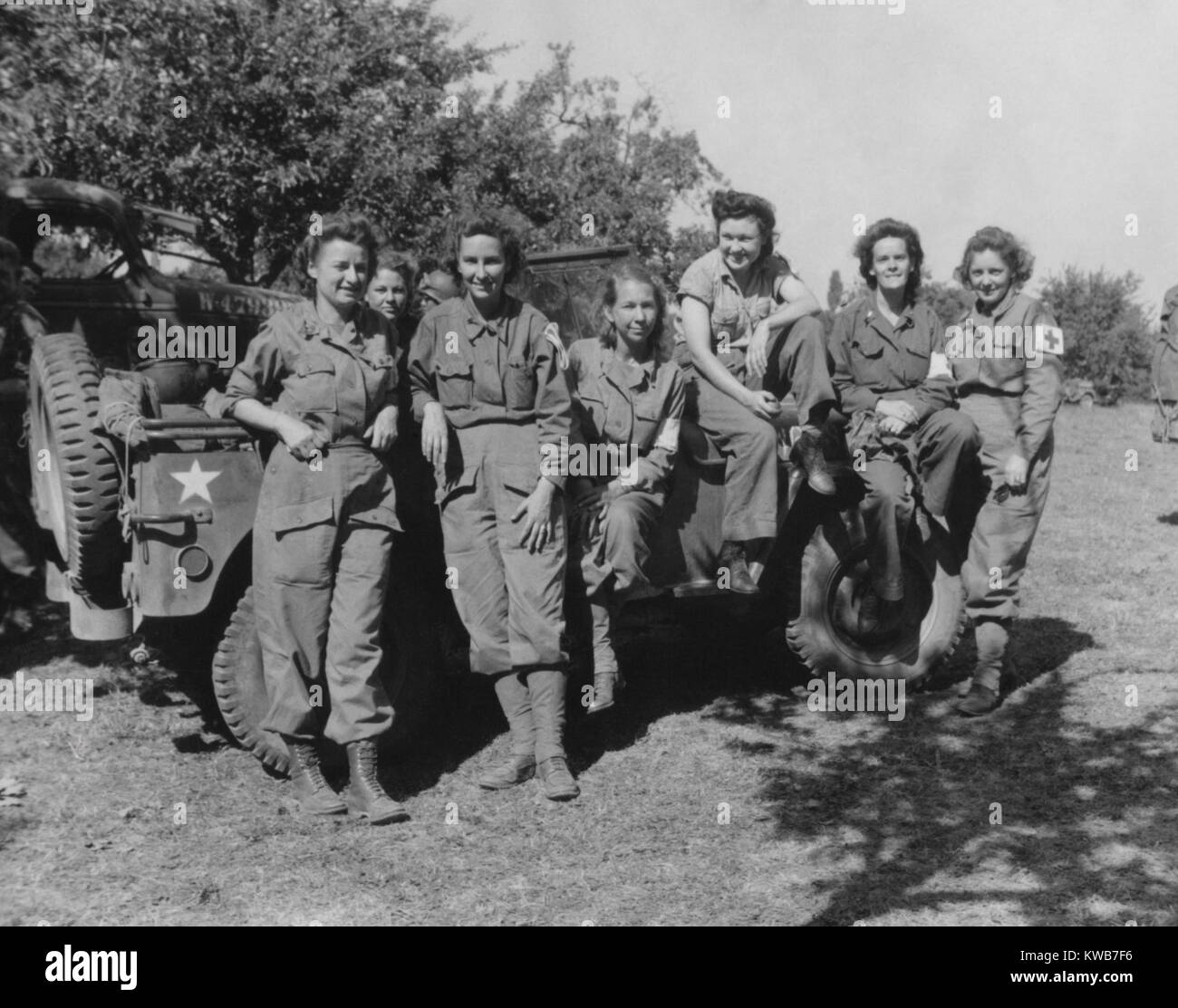 Veteran U.S. Army nurses after arriving in France on August 12, 1944. They previously served in Egypt and England during World War 2. (BSLOC 2014 10 203) Stock Photo