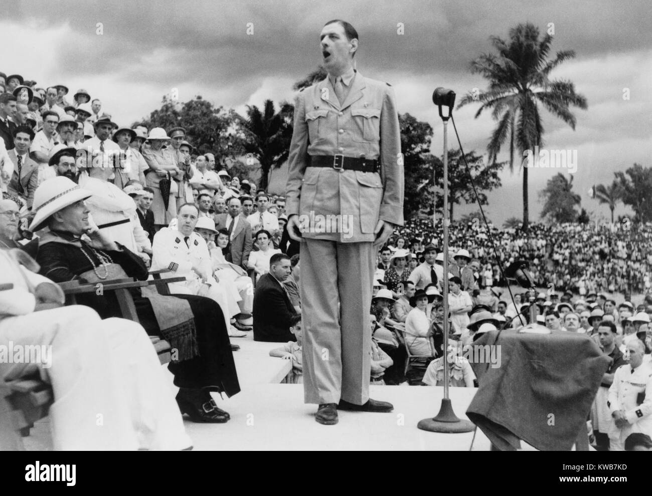 General Charles de Gaulle speaking at the African-French Conference in Brazzaville, Congo, 1944. Brazzaville Conference began major reforms in French colonial policy. World War 2. (BSLOC 2014 8 144) Stock Photo