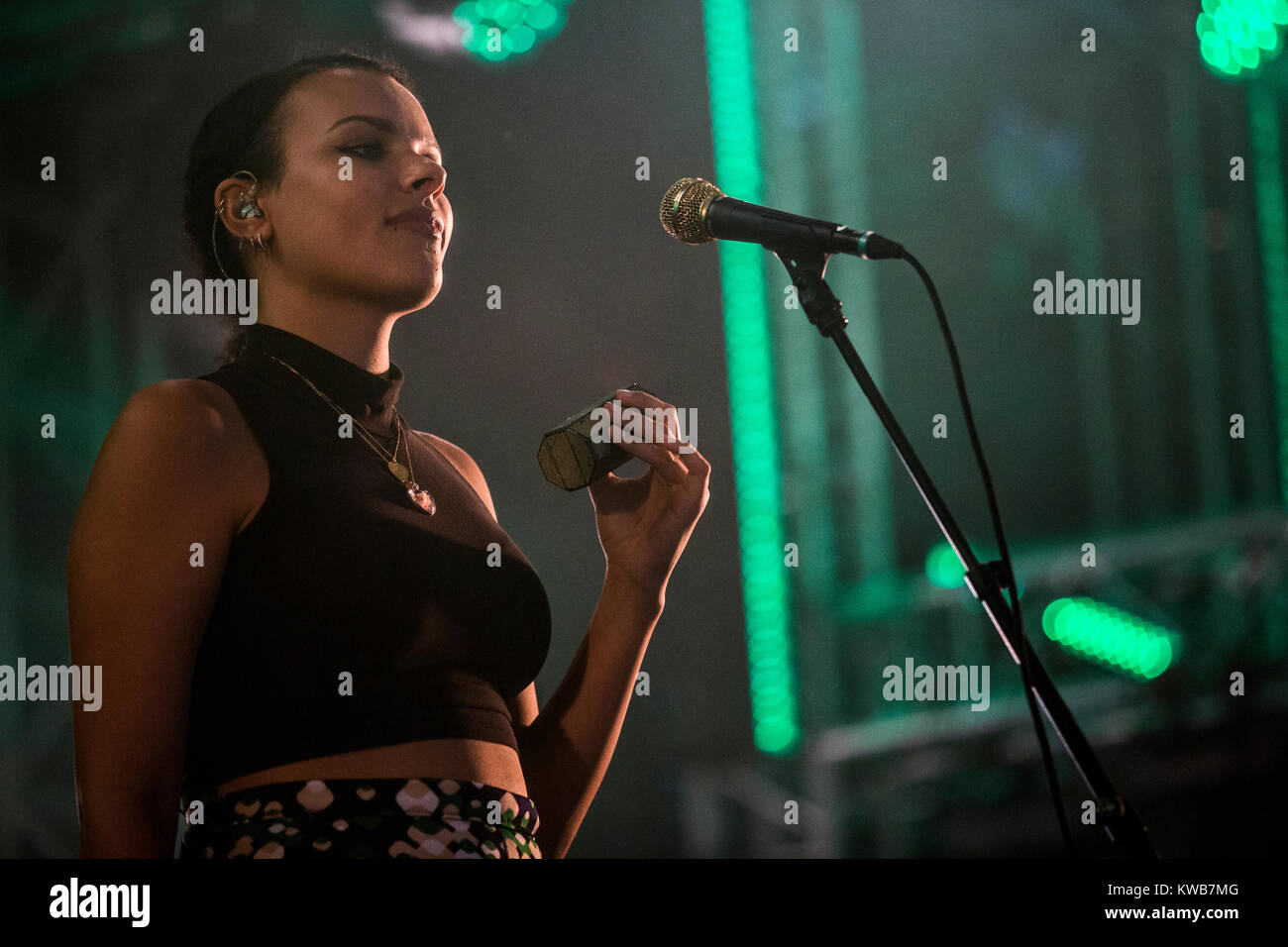 The British band and music collective Jungle performs a live concert at Avelon Stage at at Danish music festival Roskilde Festival 2015. Here backing singer Rudi Salmon is pictured live on stage. Denmark, 02/07 2015. Stock Photo
