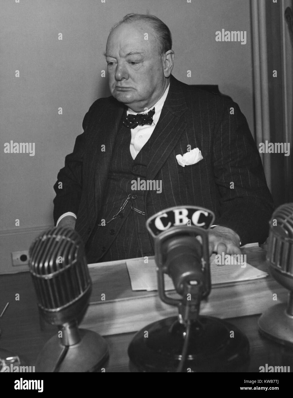 British Prime Minister Winston Churchill at the Quebec Conference, August 17-24, 1943. Key agenda items were the Normandy Invasion, Mediterranean theatre, European aerial bombing, and the development of the atomic bomb. World War 2. (BSLOC 2014 8 179) Stock Photo
