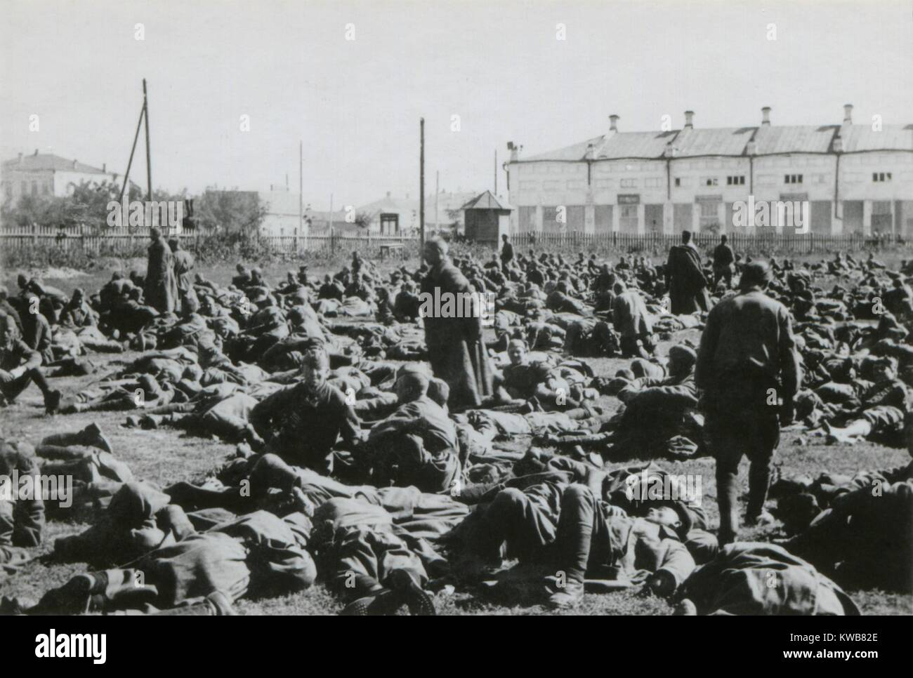 Soviet prisoners of War in a camp at Potschuz, USSR, captured during Operation Barbarossa, 1941. Over 3 million Soviet (Russian) soldiers were taken prisoner by Germans in 1941 with a large proportion killed by deliberate Nazi mistreatment. World War 2. (BSLOC 2014 8 21) Stock Photo