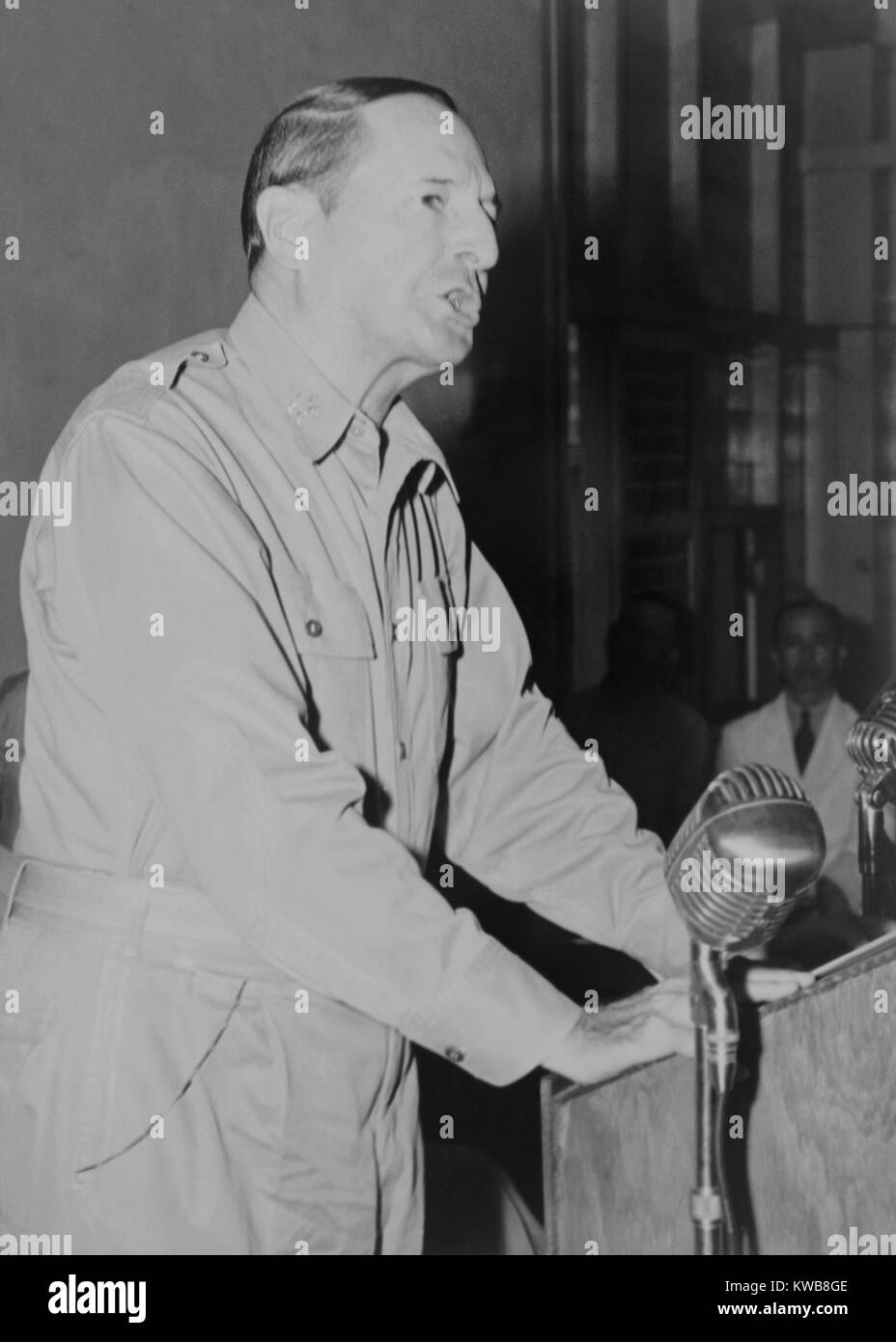 MacArthur addresses Philippine Congress on July 9, 1945. He spoke to the legislature about preparations for the Philippines independence to come in 1946. (BSLOC 2014 11 132) Stock Photo