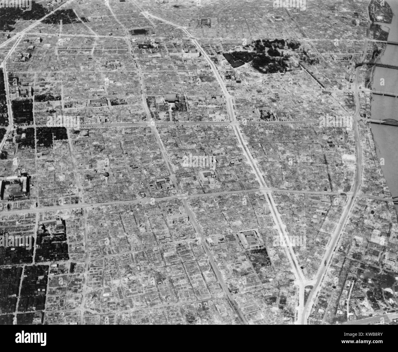 Aerial view of bomb damage in Tokyo, Japan, during the World War 2. 1945. (BSLOC 2014 10 121) Stock Photo