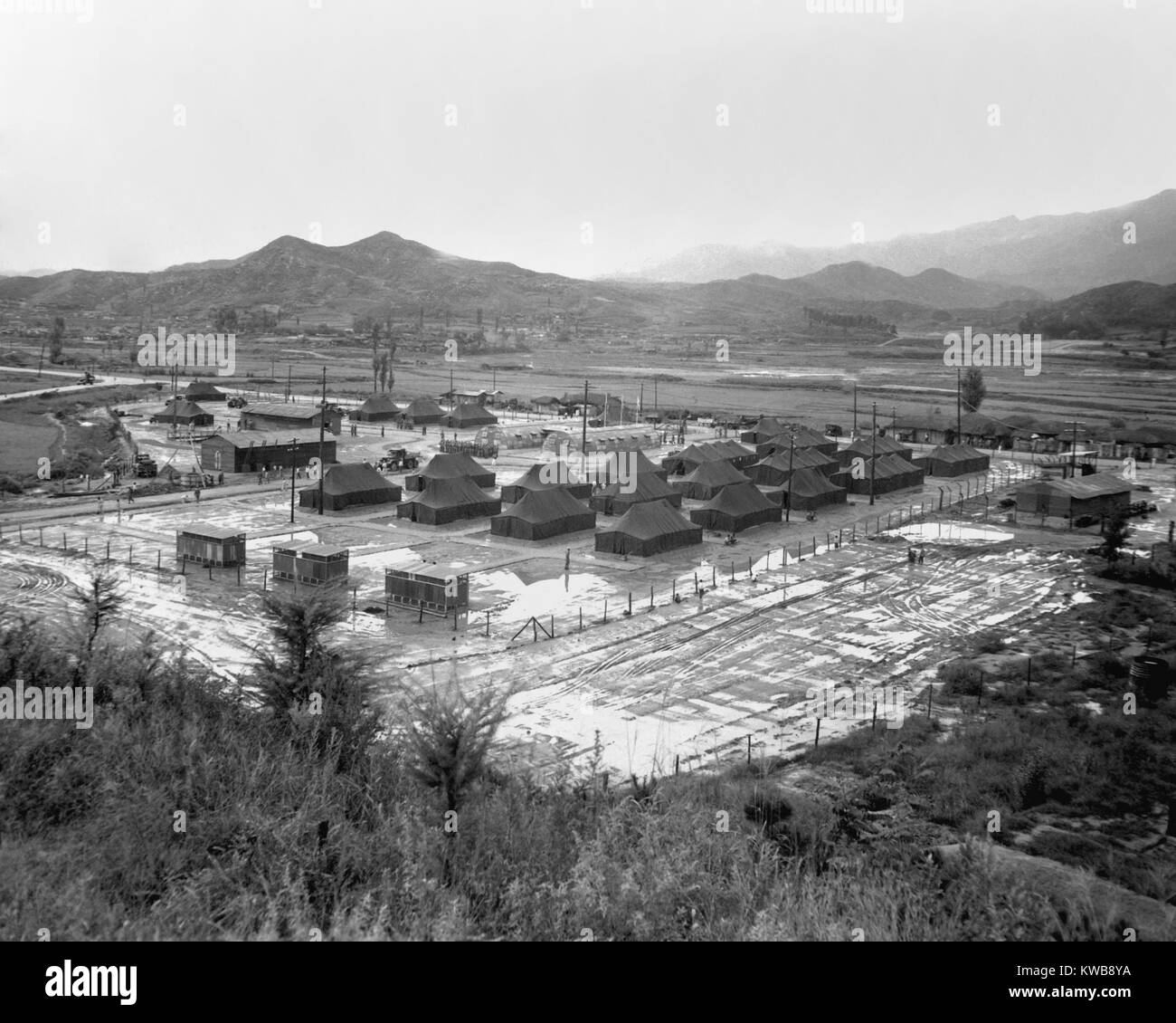 General view of a Korean War MASH, Mobile Army Surgical Hospital. This unit is with the South Korean Army at Wonju, Korea. Sept. 1951. (BSLOC 2014 11 198) Stock Photo