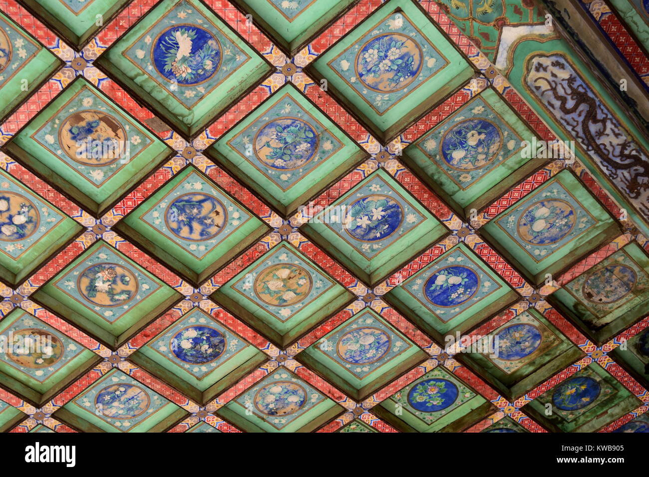 Beautiful Chinese art on Forbidden City palace ceiling - Beijing, China Stock Photo