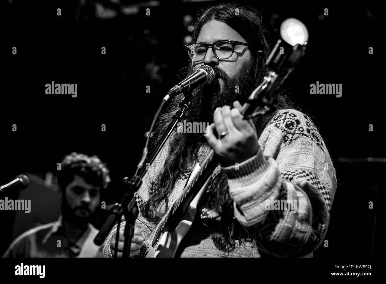 The two singers, musicians and songwriters, the Faroese Teitur and the American Matthew E. White (pictured) teamed up for a week making new songs and music under the concept “Suburban Summit” at Forbrændingen near Copenhagen. At the end of the process they performed the new songs at a live concert. Denmark, February 2016 Stock Photo