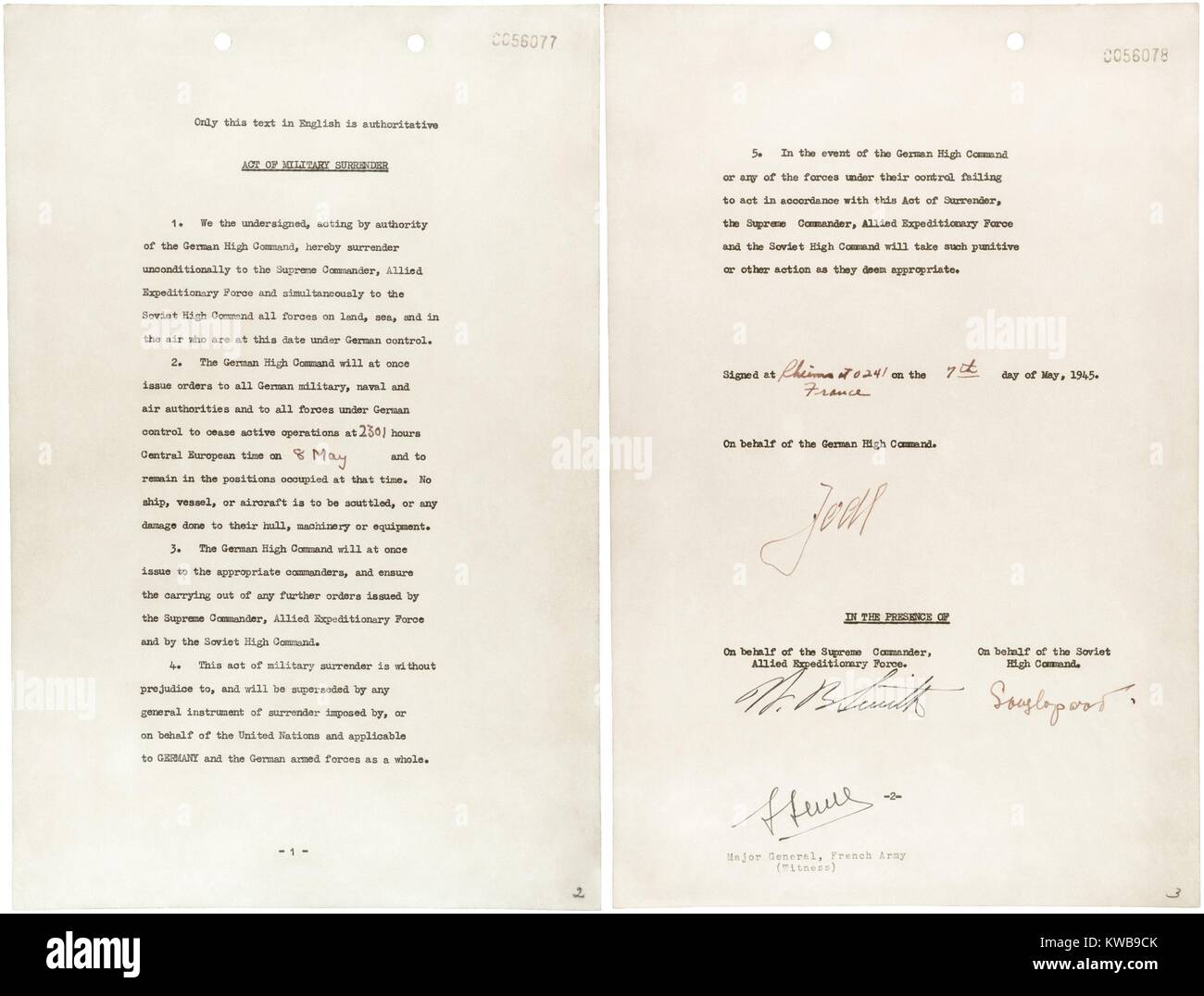 Germany surrender document signed by Gen. Alfred Jodl, Chief of Staff of the German Army. It was signed at Allied Headquarters at Reims, May 7, 1945. World War 2. (BSLOC 2014 10 259) Stock Photo