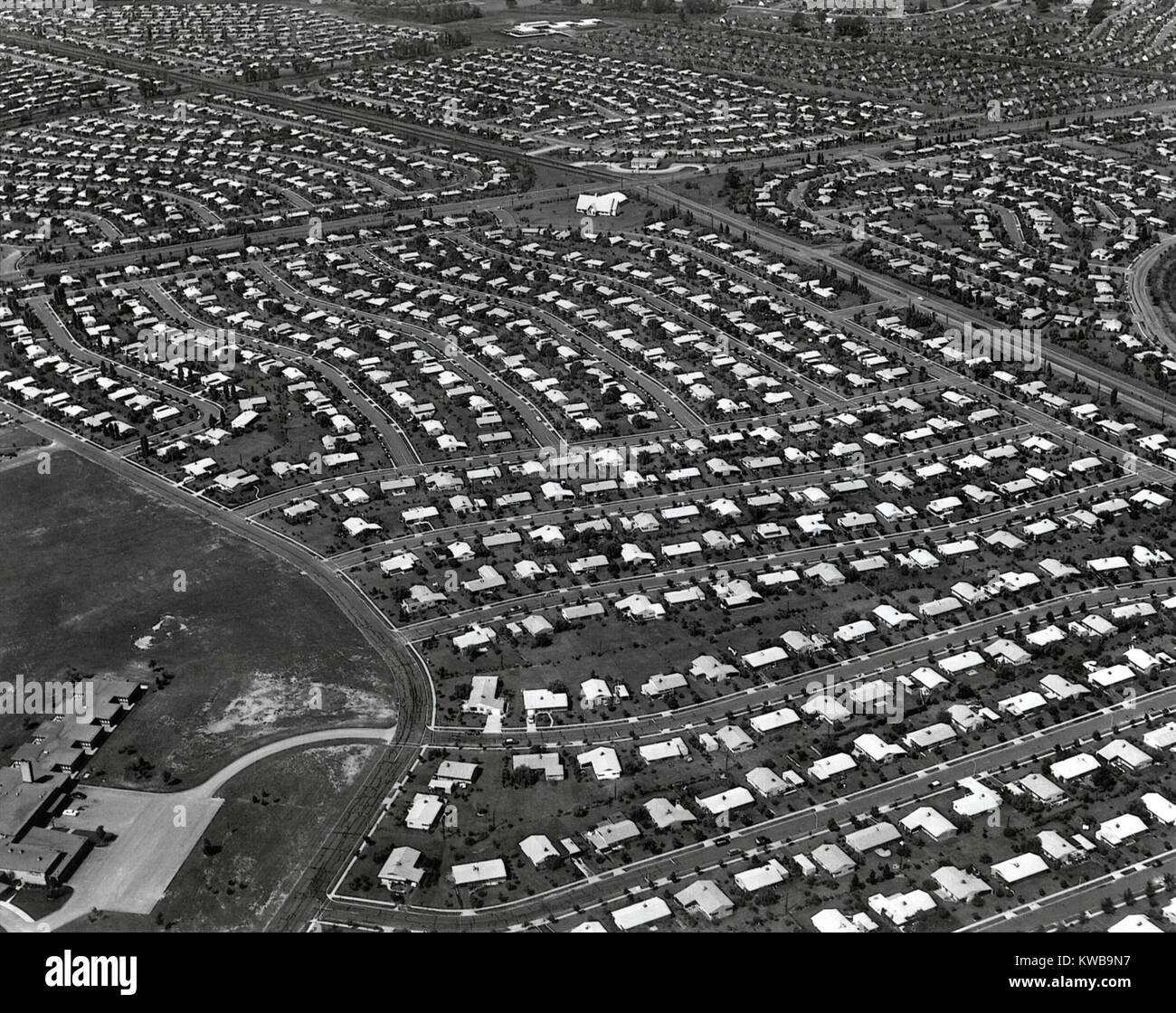 An Aerial view of the Levittown housing project in Pennsylvania. It was located in the eastern part of the State, in the Delaware River Valley. Photo by Ed Latcham. (BSLOC 2014 13 145) Stock Photo