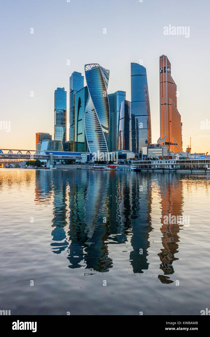 Futuristic skyscrapers of the Moscow International Business Center (MIBC), also named 'Moscow City', and their reflections in the Moskva River, Russia Stock Photo