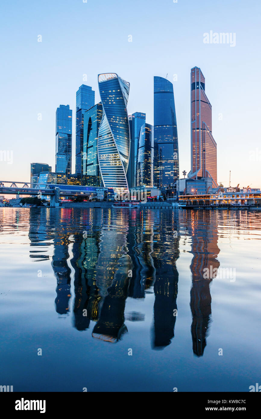 Futuristic skyscrapers of the Moscow International Business Center (MIBC), also named 'Moscow City', and their reflections in the Moskva River, Russia Stock Photo