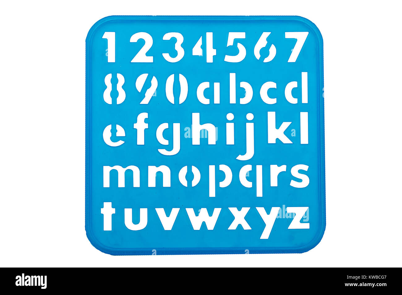 Alphabet and numbers stencil shapes on a blue background Stock Photo