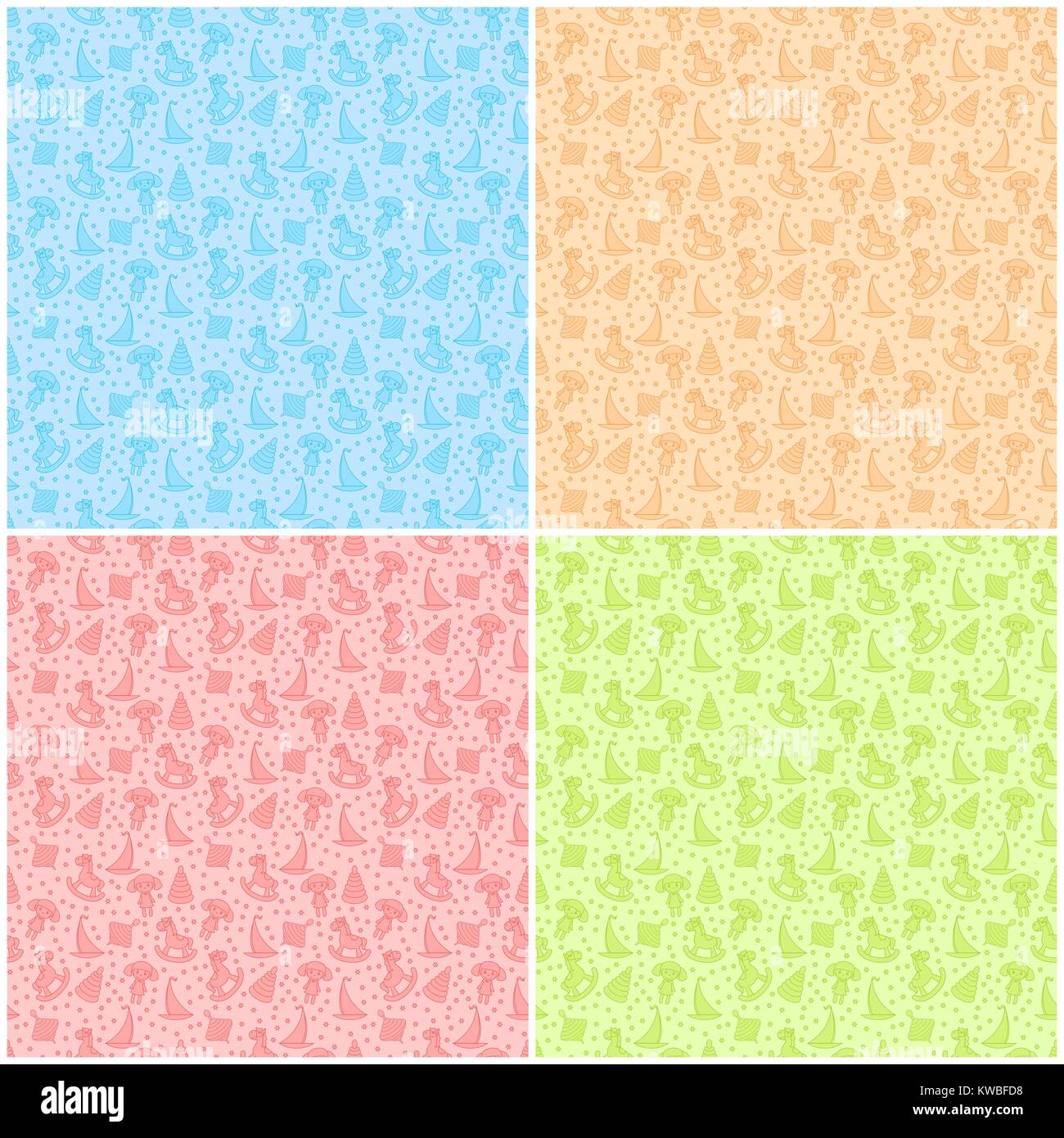 Set of four cartoon seamless vector patterns with toys of Horse, Sailboat, Whirligig and Dolls in blue, beige, pink and green colors a fabric or other Stock Vector