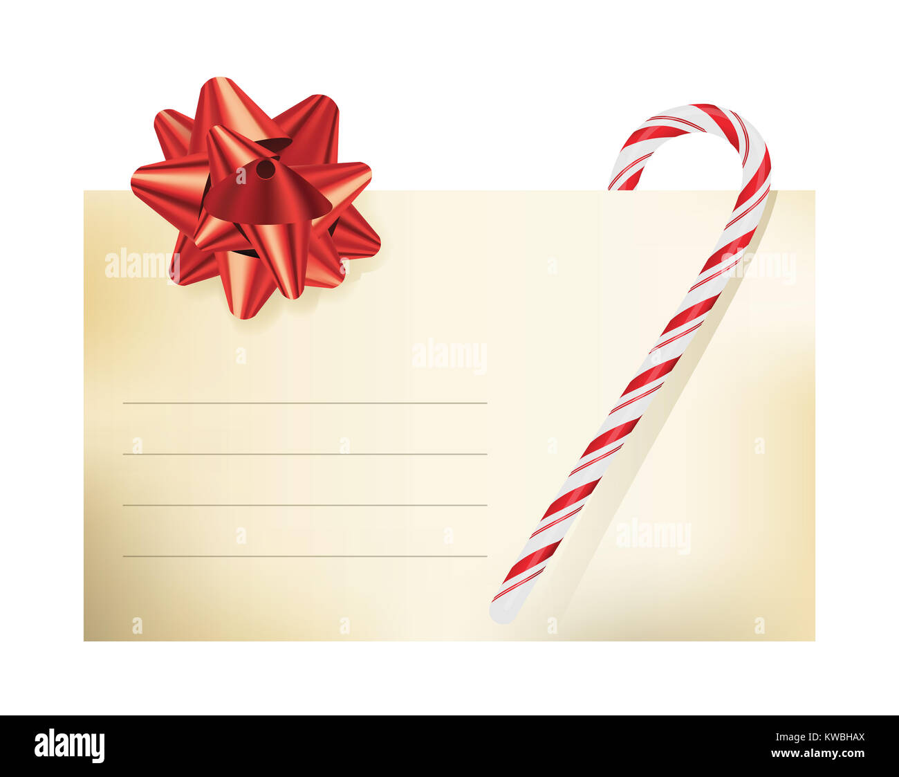 A Christmas themed blank note card invitation illustration with a candy cane and red bow. Vector