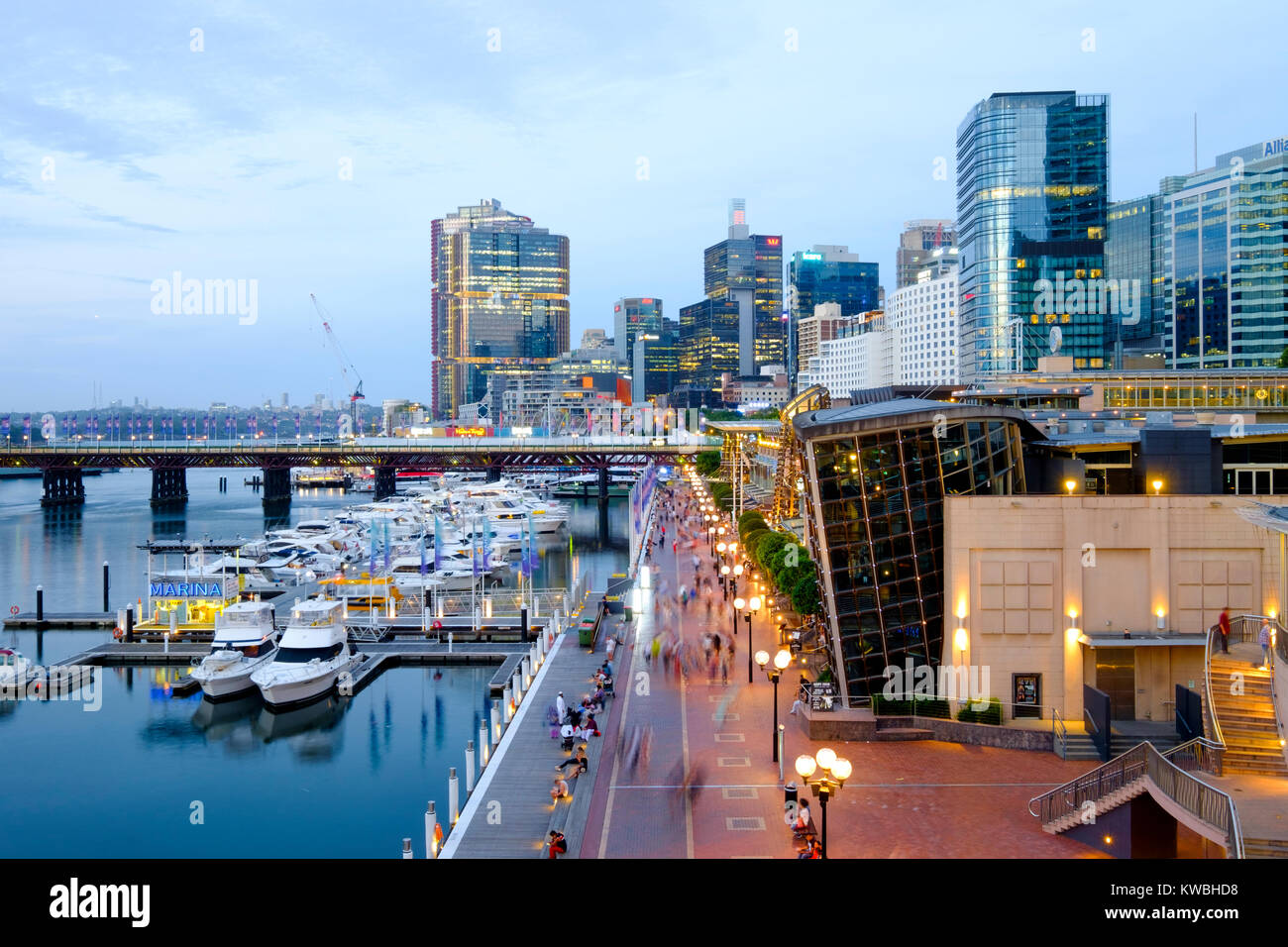 Cockle Bay Wharf Promenade in Darling Harbour (Harbor), Sydney, Australia, a very popular tourist attraction, waterfront cafes and restaurants Stock Photo
