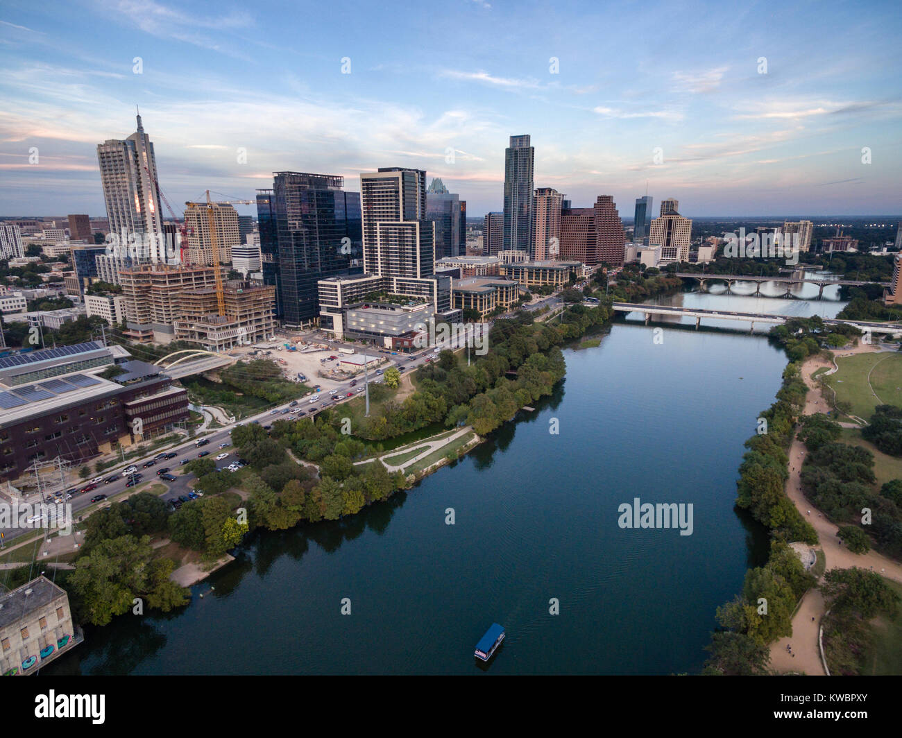 Aerial view of the Colorado River meandering along the Austin Texas waterfront Stock Photo
