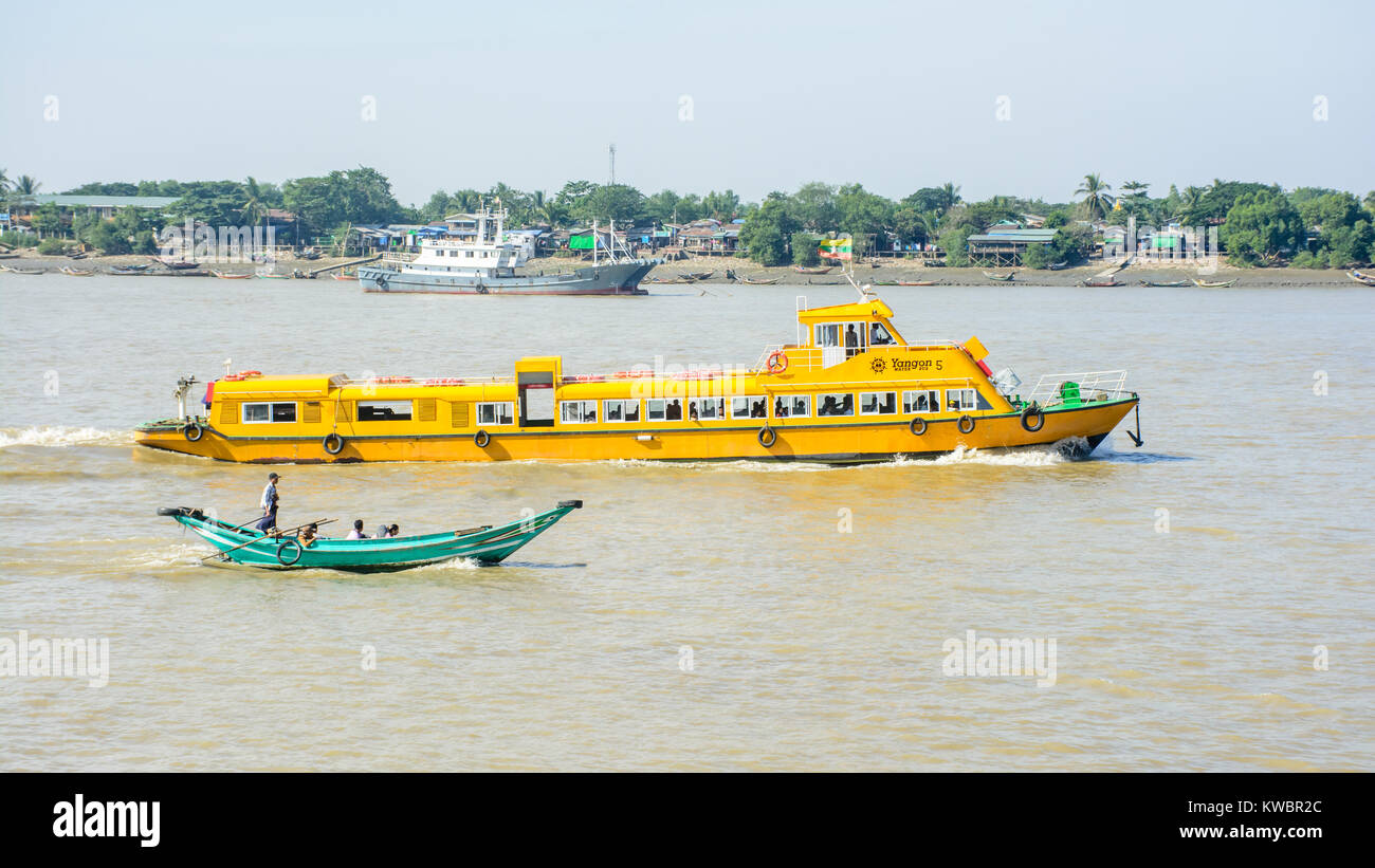 Yangon water bus, or water taxi in Hlaing river. Public transportation