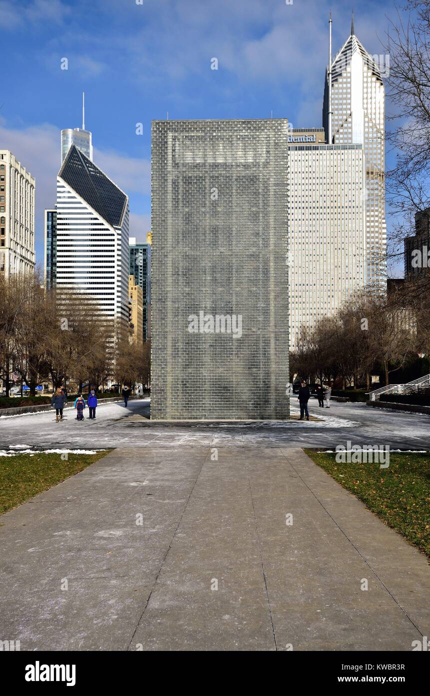 The rear of one of the two animated towers that comprise Crown Fountain in Chicago's Millennium Park. Chicago, Illinois, USA. Stock Photo