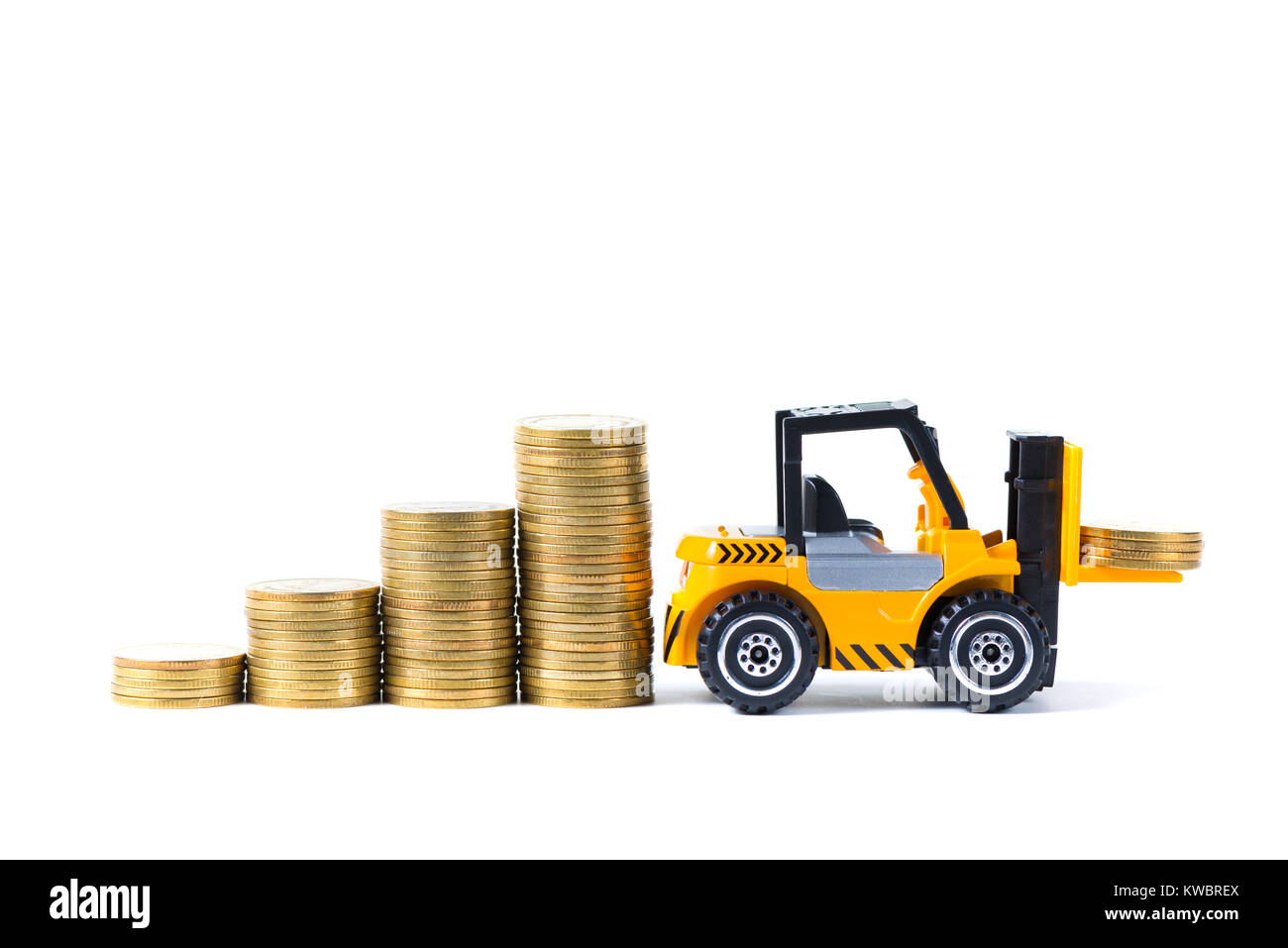Loading Coin Mini forklift truck loading stack coin with steps of gold coin ...
