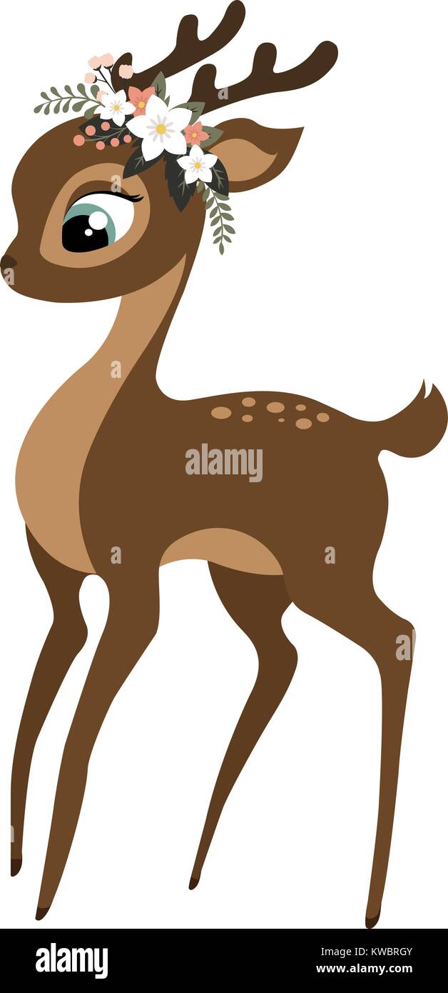 A cute baby deer with a floral wreath, a cartoon character isolated on ...