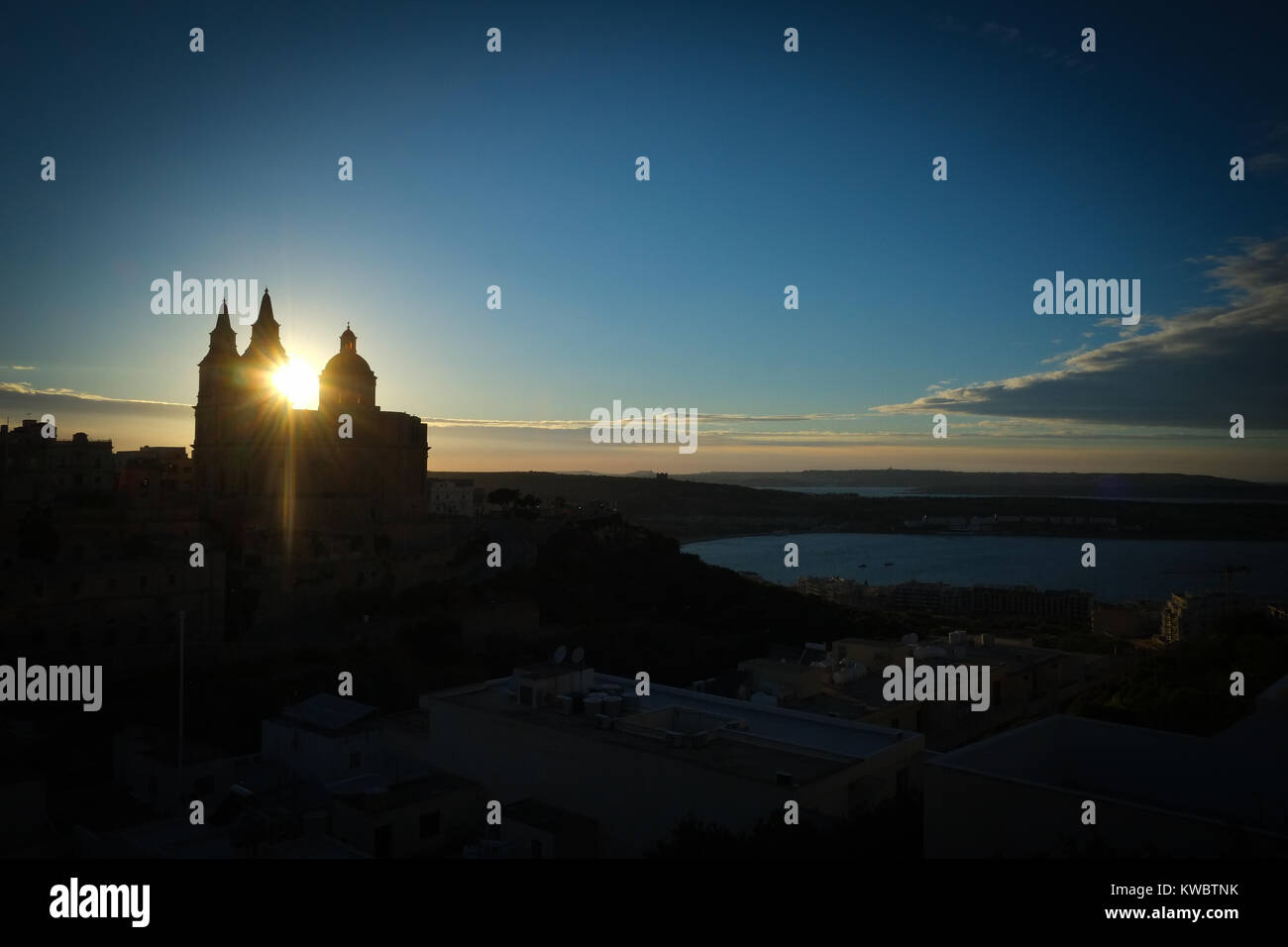 Mellieha church, town and bay, evening light, panorama, Malta Stock Photo