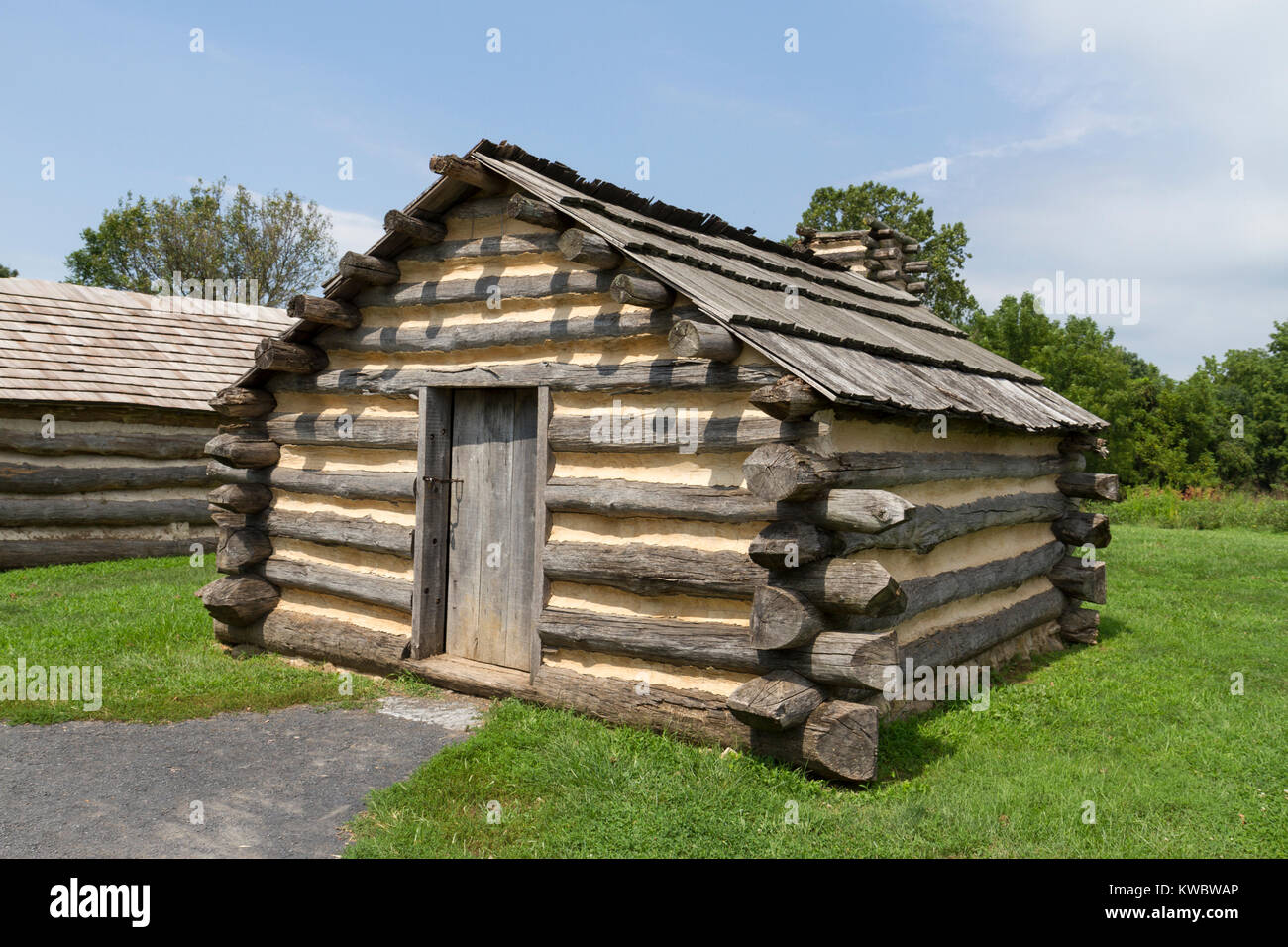 Replica huts, part of a reconstructed camp in Valley Forge National Historical Park (National Park Service), Valley Forge, Pennsylvania, USA. Stock Photo