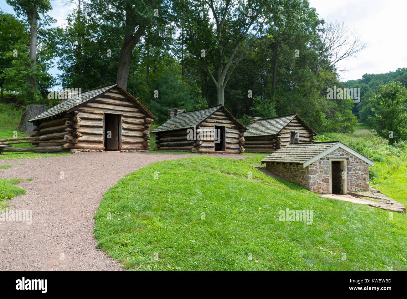Replica huts, part of a reconstructed camp in Valley Forge National Historical Park (National Park Service), Valley Forge, Pennsylvania, USA. Stock Photo