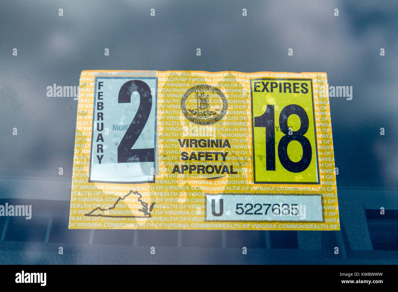 A Virginia Safety Approval sticker from the Virginia Motor Vehicle Safety Inspection Program, United States. Stock Photo