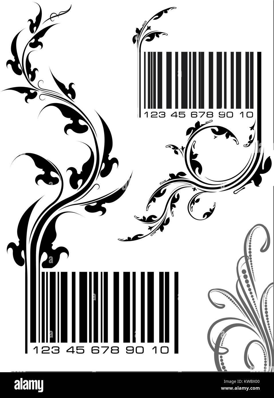 Pair of vector illustrations - bar codes with floral branch. Can use as conceptual ecological design. Stock Vector