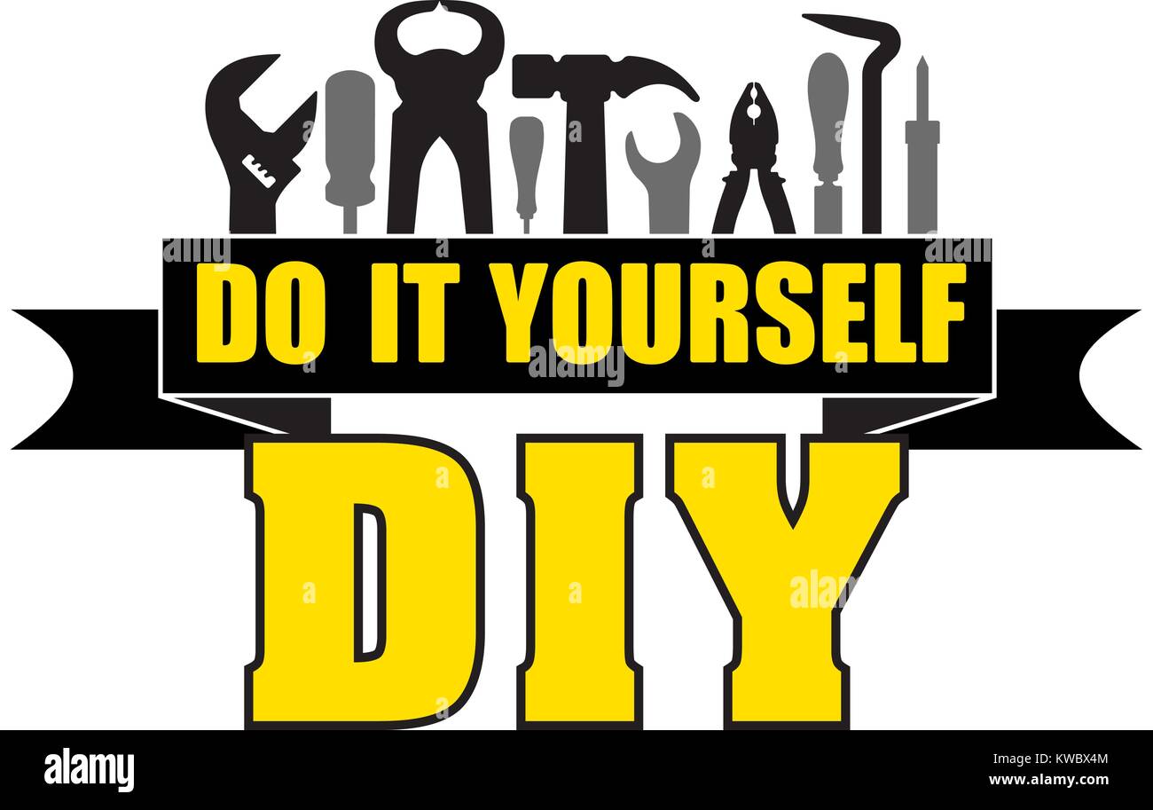 DIY do it yourself banner with silhouettes of workers tools: hammer, screwdriver, pliers, file, soldering iron, pliers, awl, etc. Stock Vector