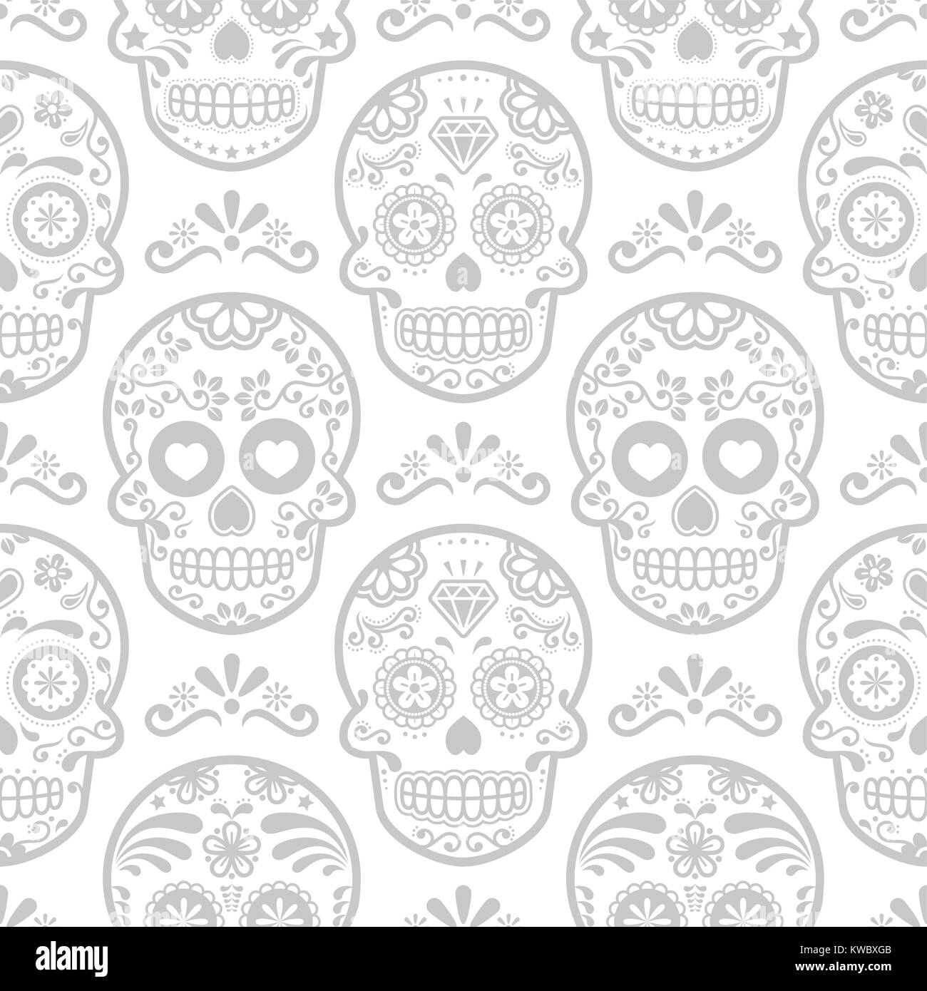 Mexican sugar skull vector seamless pattern, Halloween candy skulls background, Day of the Dead celebration Stock Vector